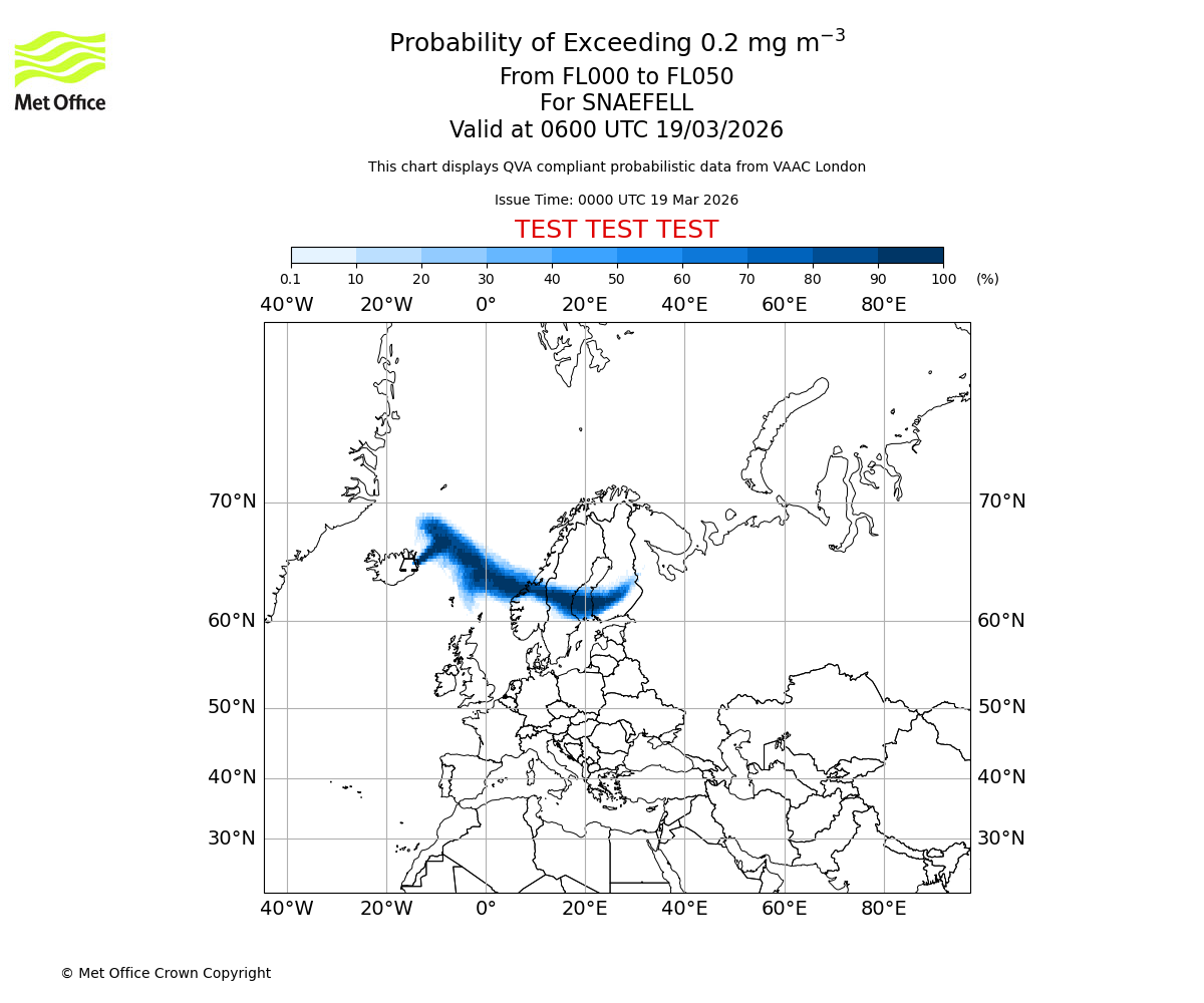 Probability of exceeding 0.2 milligrams per metre cubed. From 000 to 050 for SNAEFELL. Valid at 0600 UTC 19/03/2026