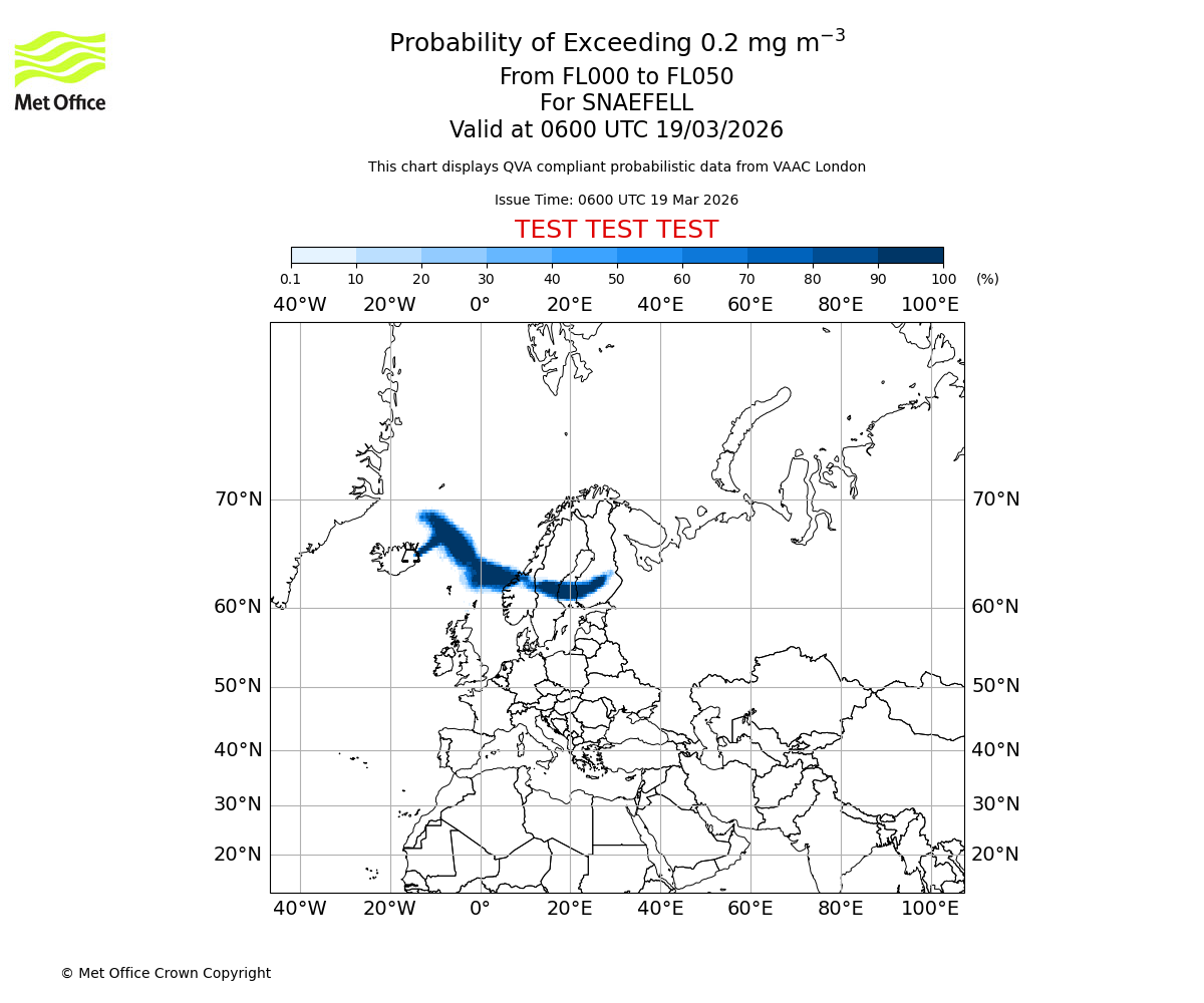 Probability of exceeding 0.2 milligrams per metre cubed. From 000 to 050 for SNAEFELL. Valid at 0600 UTC 19/03/2026