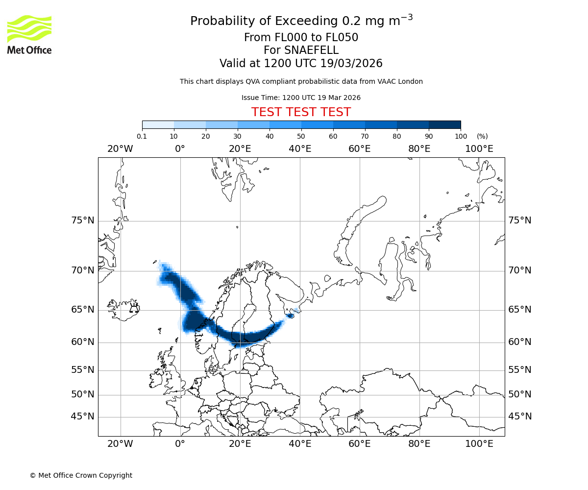 Probability of exceeding 0.2 milligrams per metre cubed. From 000 to 050 for SNAEFELL. Valid at 1200 UTC 19/03/2026
