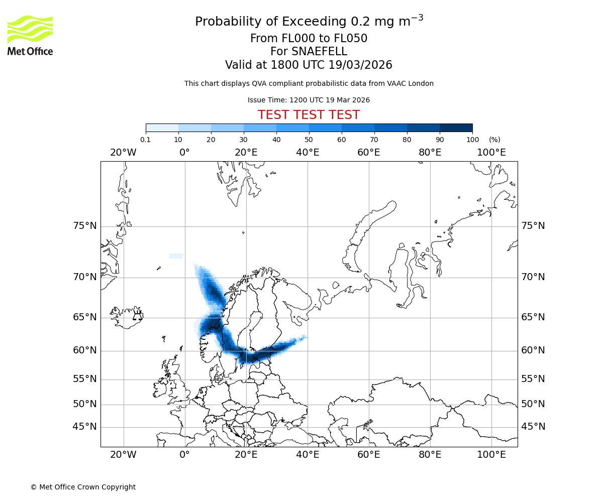 Probability of exceeding 0.2 milligrams per metre cubed. From 000 to 050 for SNAEFELL. Valid at 1800 UTC 19/03/2026