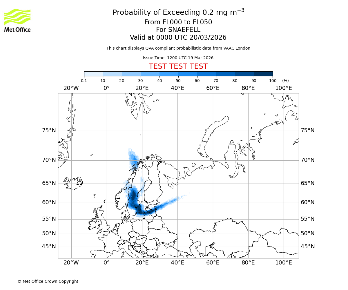 Probability of exceeding 0.2 milligrams per metre cubed. From 000 to 050 for SNAEFELL. Valid at 0000 UTC 20/03/2026