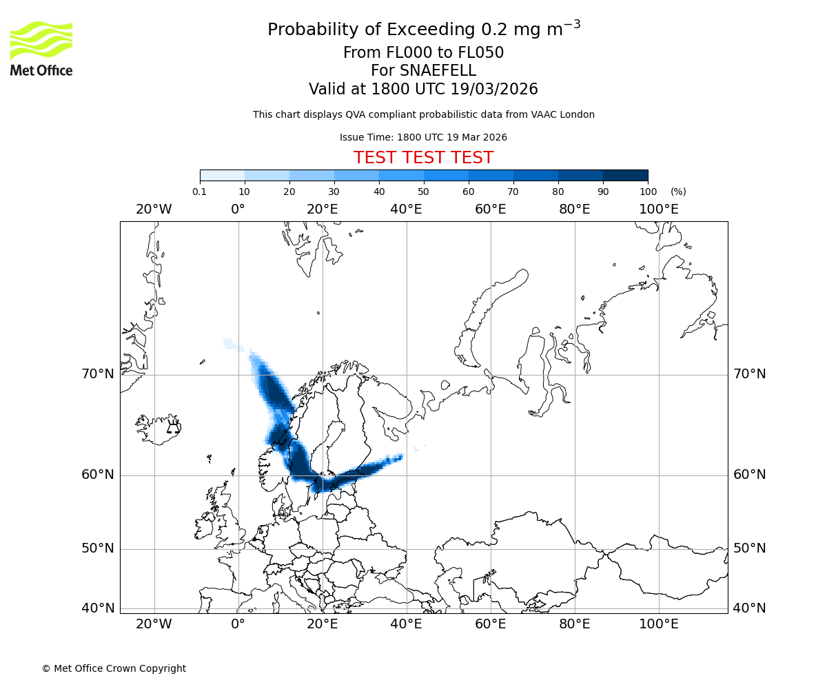 Probability of exceeding 0.2 milligrams per metre cubed. From 000 to 050 for SNAEFELL. Valid at 1800 UTC 19/03/2026