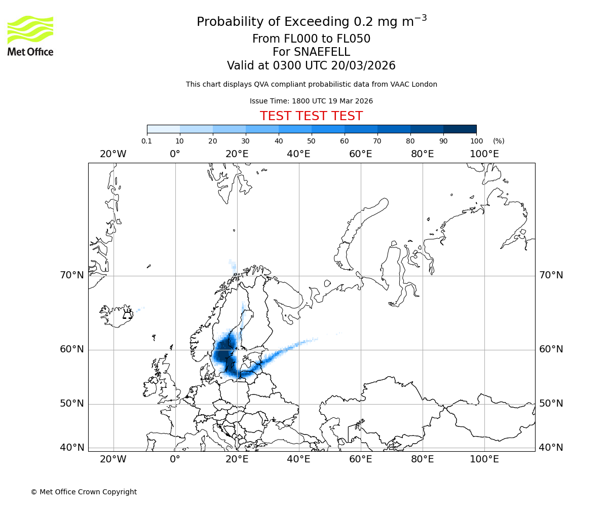 Probability of exceeding 0.2 milligrams per metre cubed. From 000 to 050 for SNAEFELL. Valid at 0300 UTC 20/03/2026