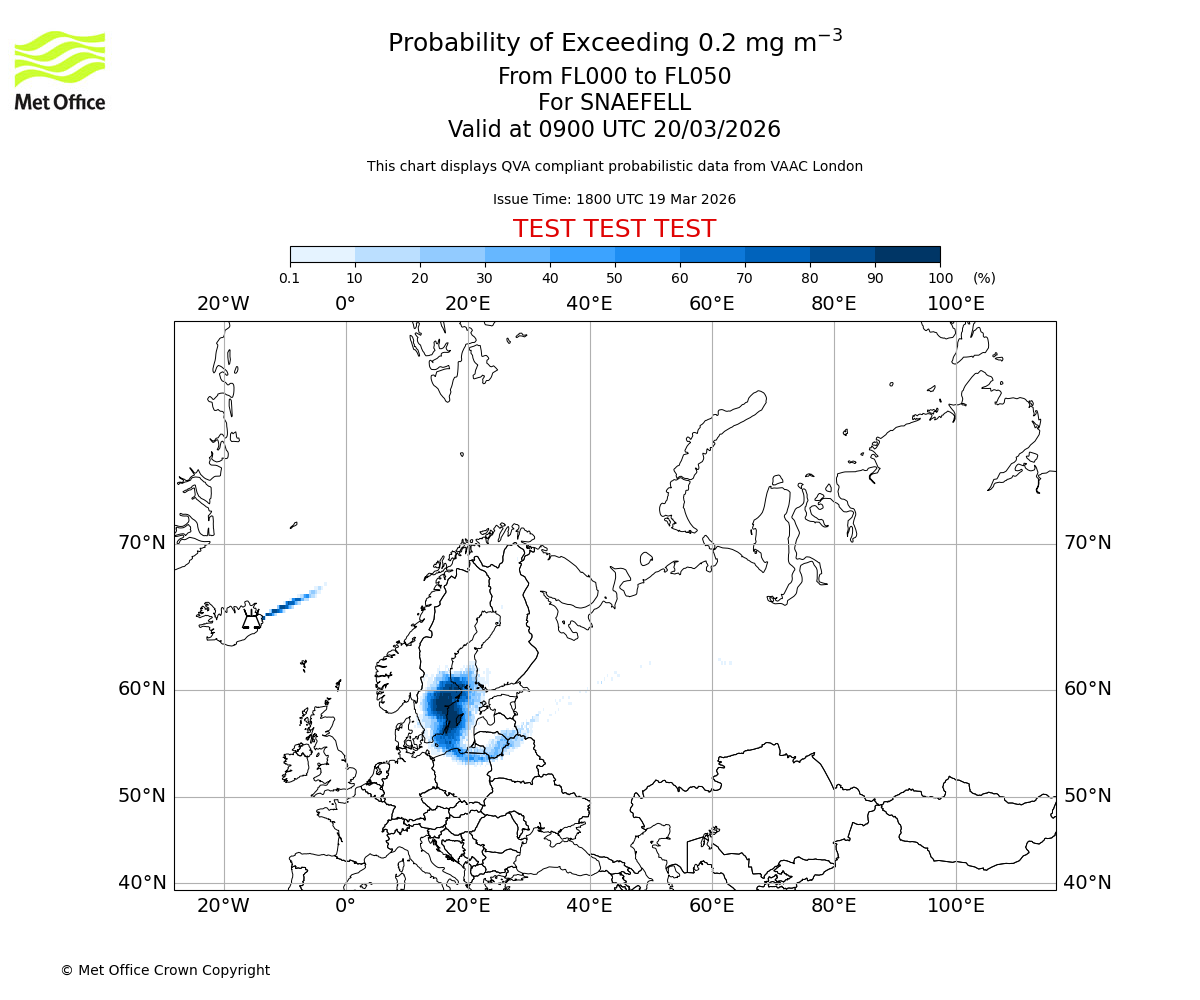 Probability of exceeding 0.2 milligrams per metre cubed. From 000 to 050 for SNAEFELL. Valid at 0900 UTC 20/03/2026
