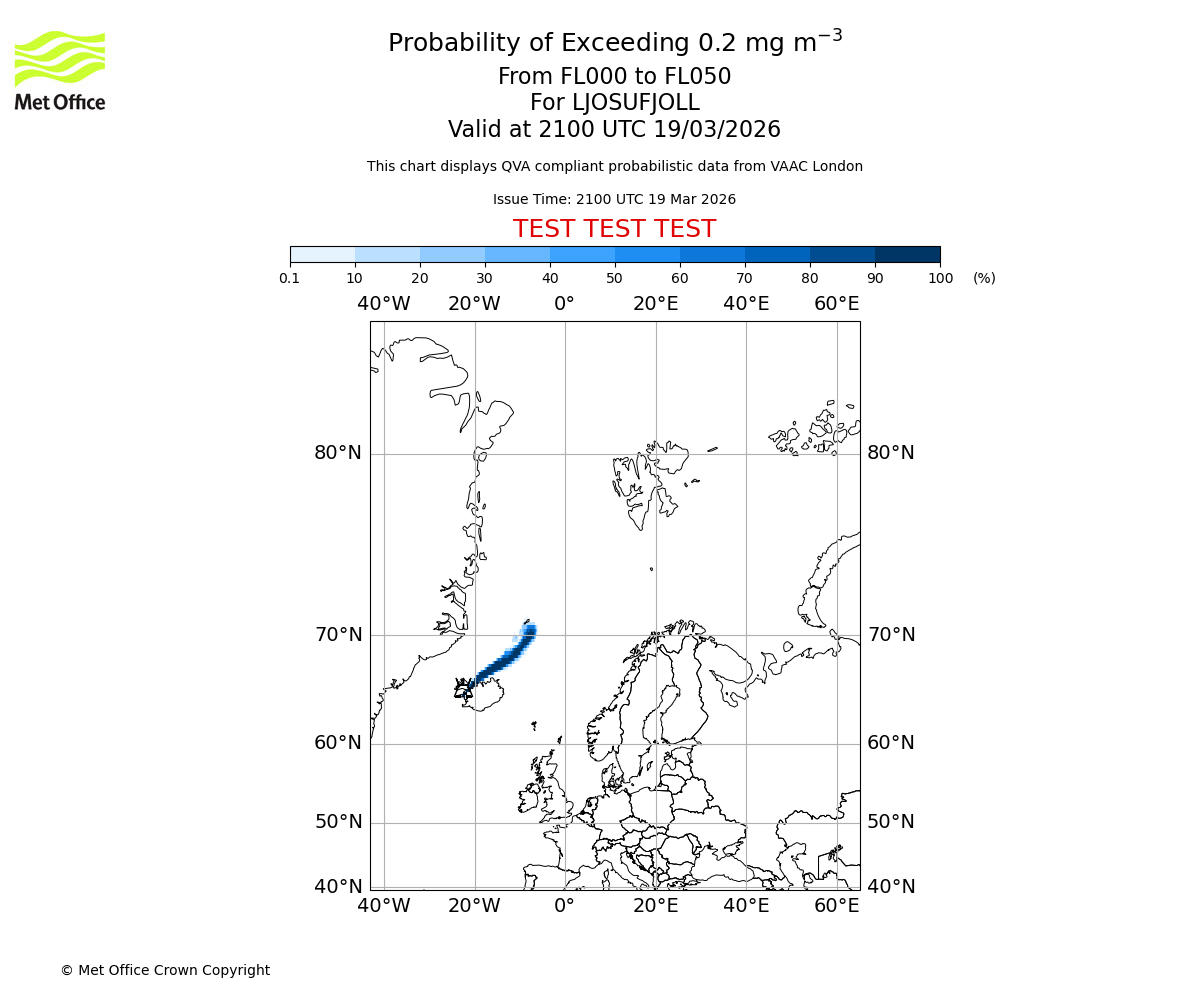 Probability of exceeding 0.2 milligrams per metre cubed. From 000 to 050 for LJOSUFJOLL. Valid at 2100 UTC 19/03/2026