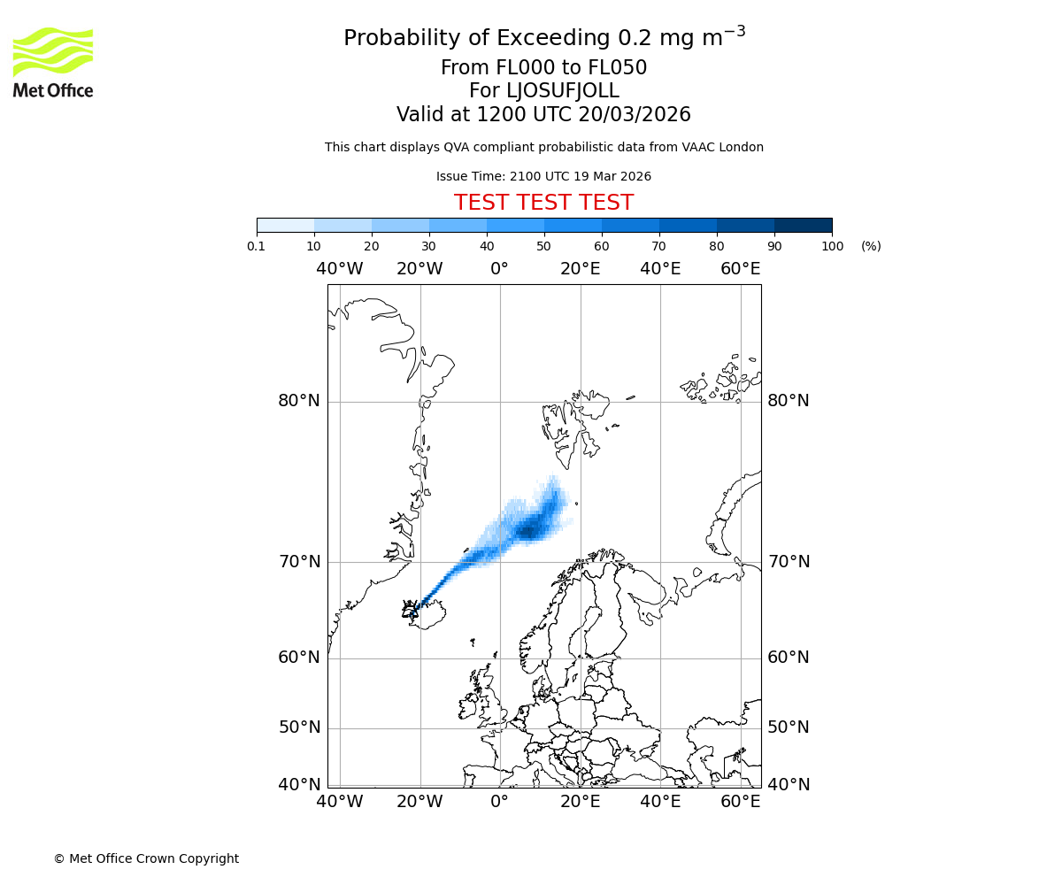 Probability of exceeding 0.2 milligrams per metre cubed. From 000 to 050 for LJOSUFJOLL. Valid at 1200 UTC 20/03/2026
