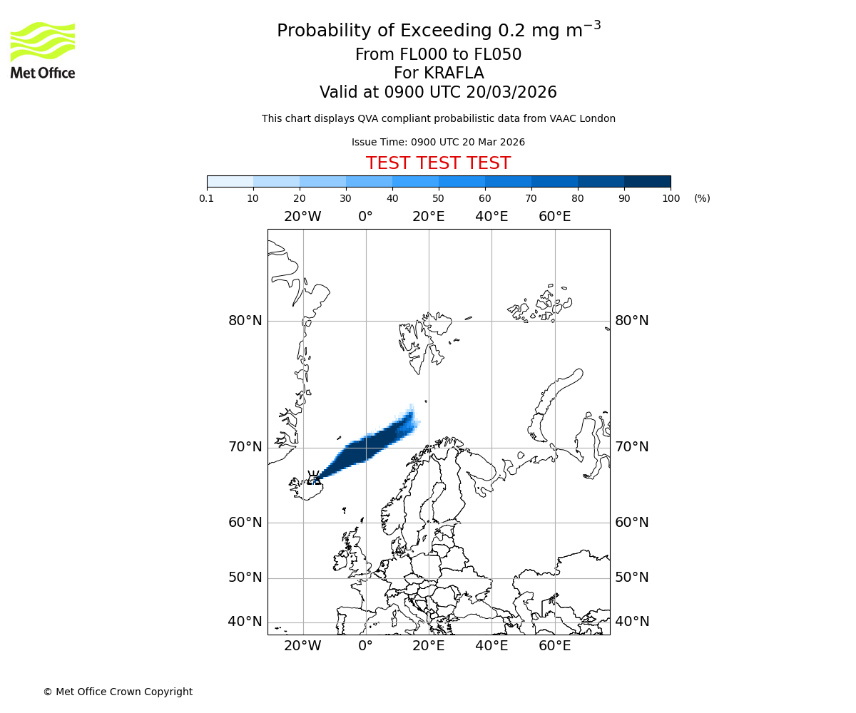 Probability of exceeding 0.2 milligrams per metre cubed. From 000 to 050 for KRAFLA. Valid at 0900 UTC 20/03/2026