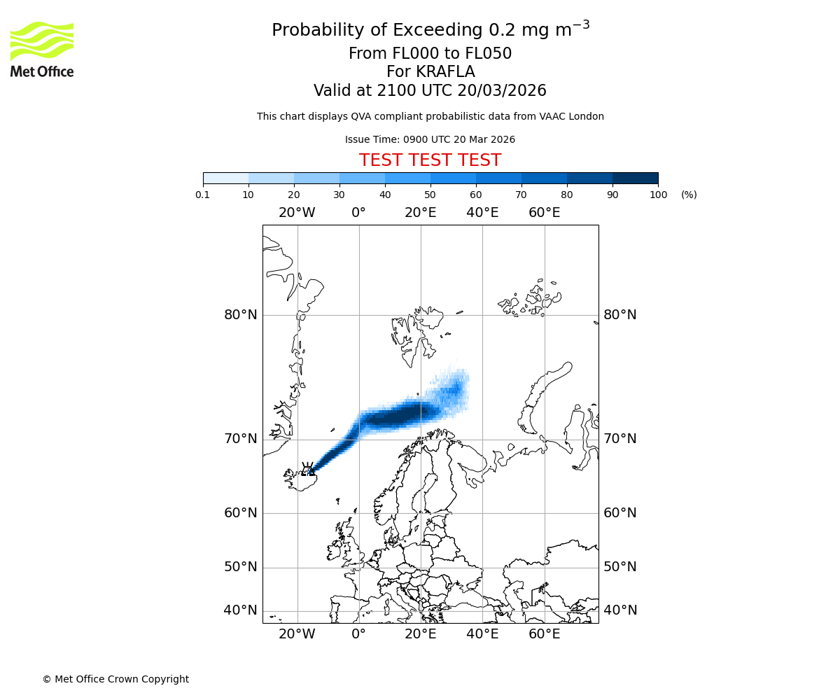 Probability of exceeding 0.2 milligrams per metre cubed. From 000 to 050 for KRAFLA. Valid at 2100 UTC 20/03/2026