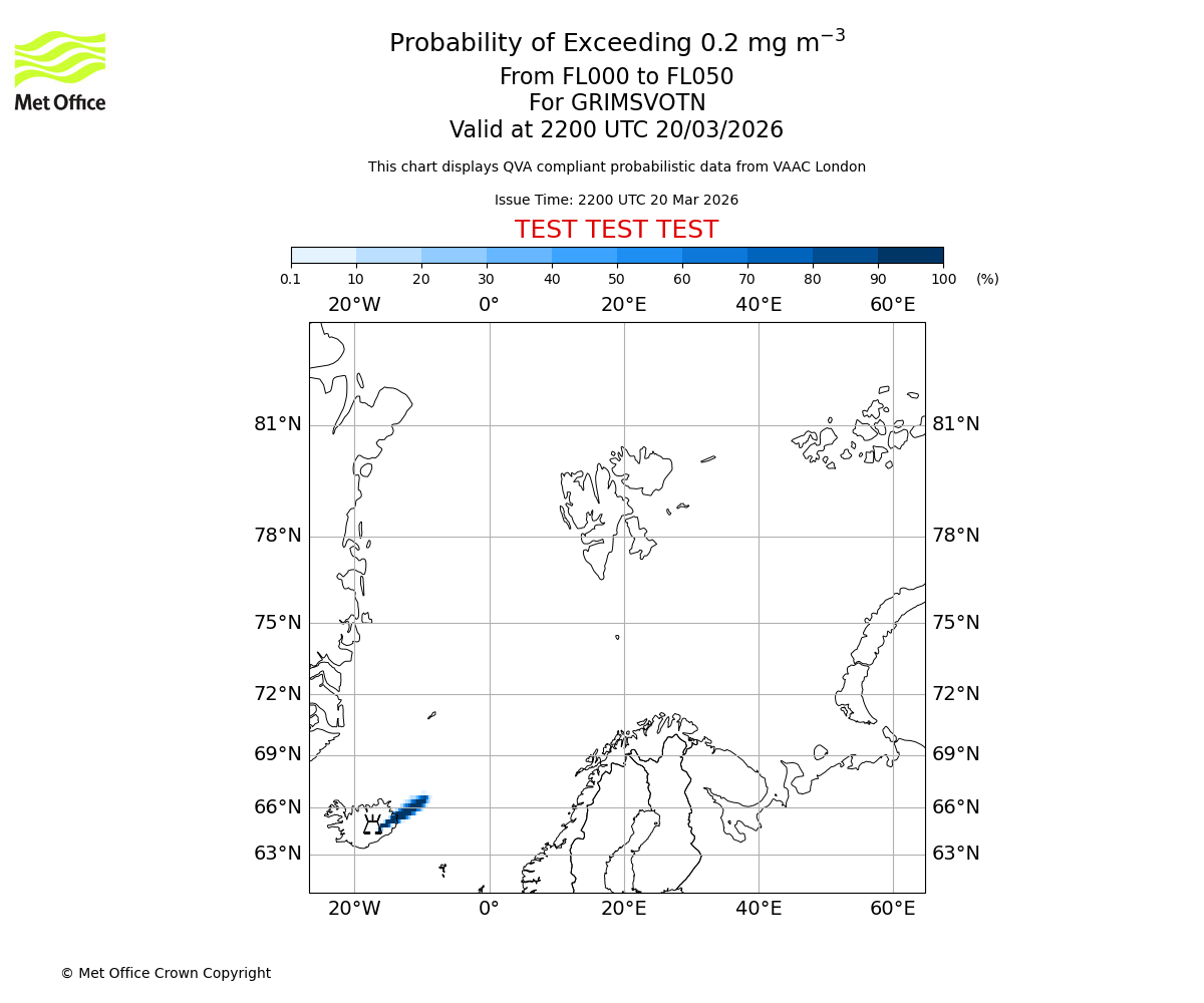 Probability of exceeding 0.2 milligrams per metre cubed. From 000 to 050 for GRIMSVOTN. Valid at 2200 UTC 20/03/2026