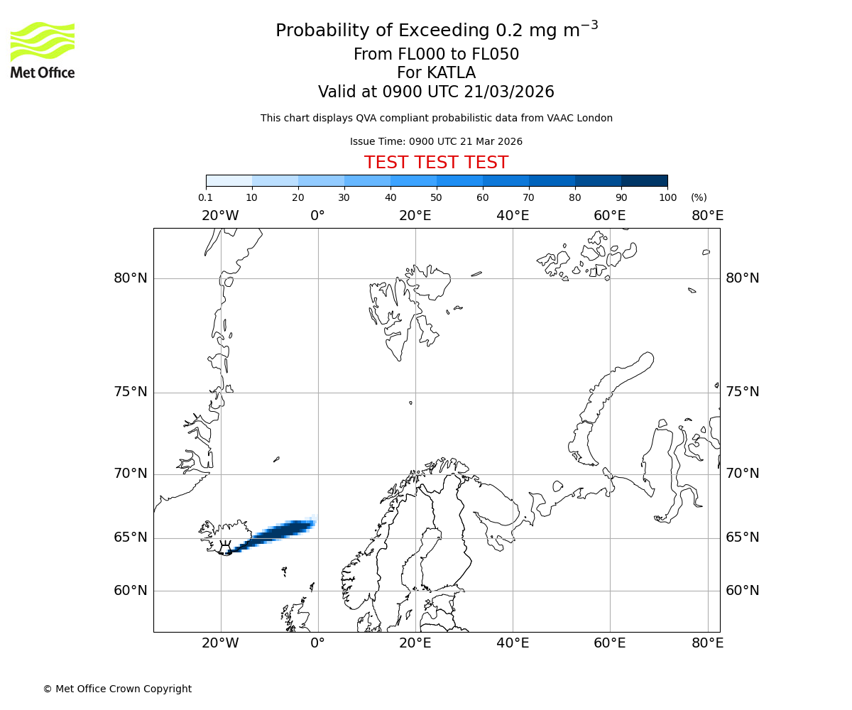 Probability of exceeding 0.2 milligrams per metre cubed. From 000 to 050 for KATLA. Valid at 0900 UTC 21/03/2026