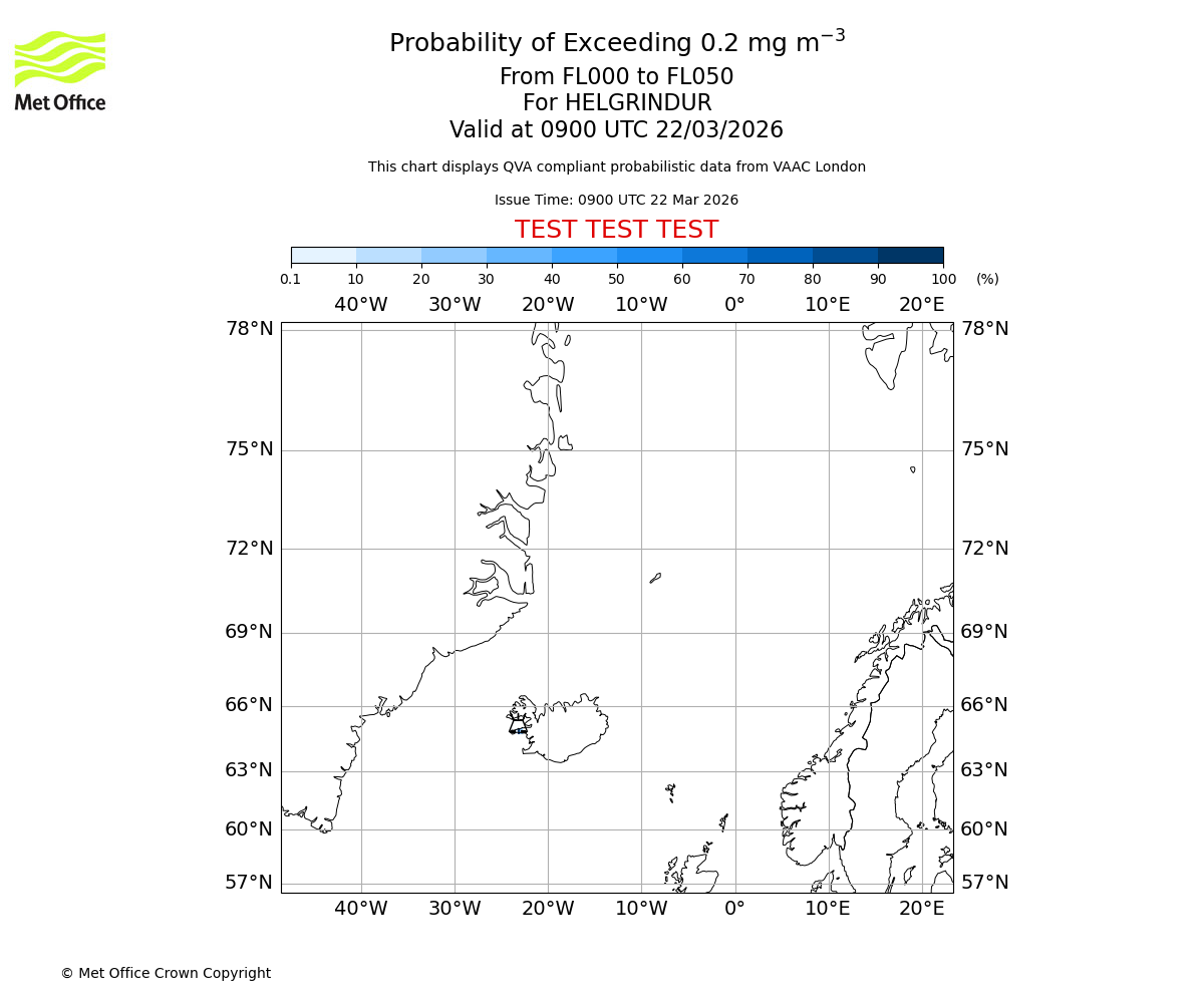 Probability of exceeding 0.2 milligrams per metre cubed. From 000 to 050 for HELGRINDUR. Valid at 0900 UTC 22/03/2026