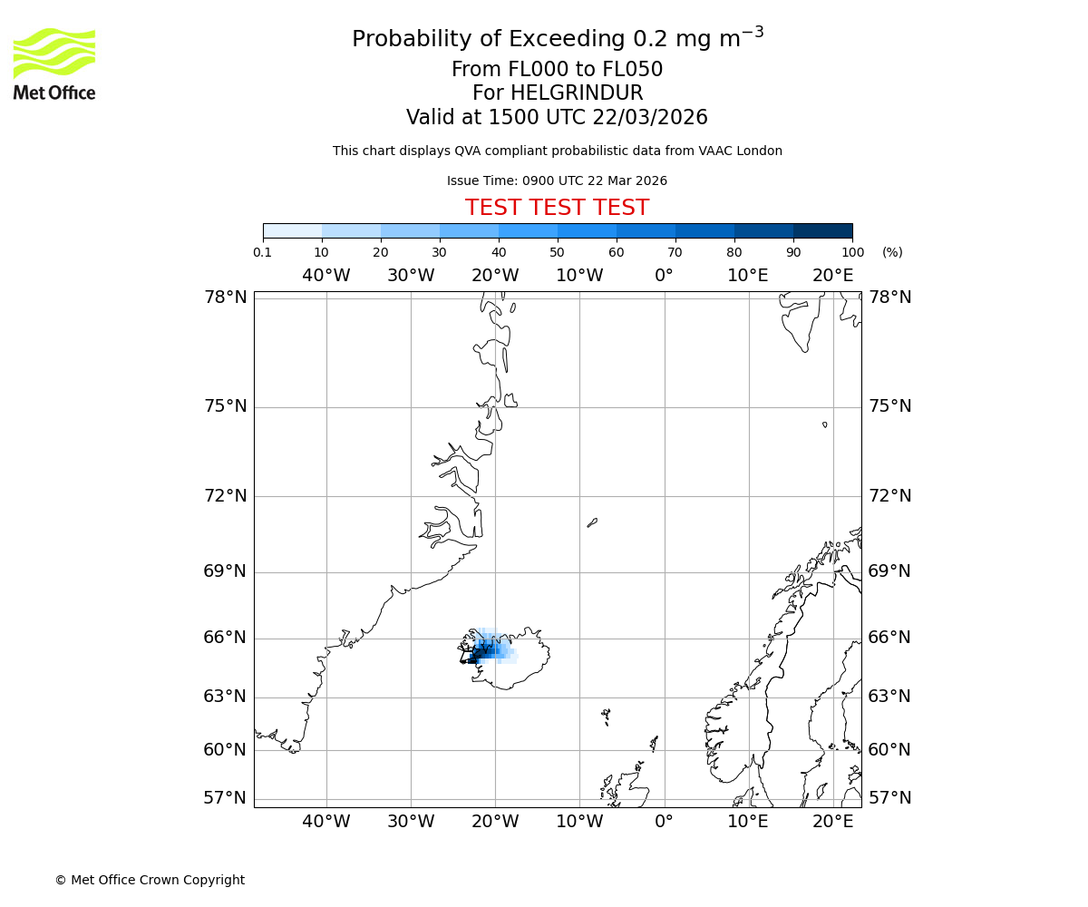 Probability of exceeding 0.2 milligrams per metre cubed. From 000 to 050 for HELGRINDUR. Valid at 1500 UTC 22/03/2026