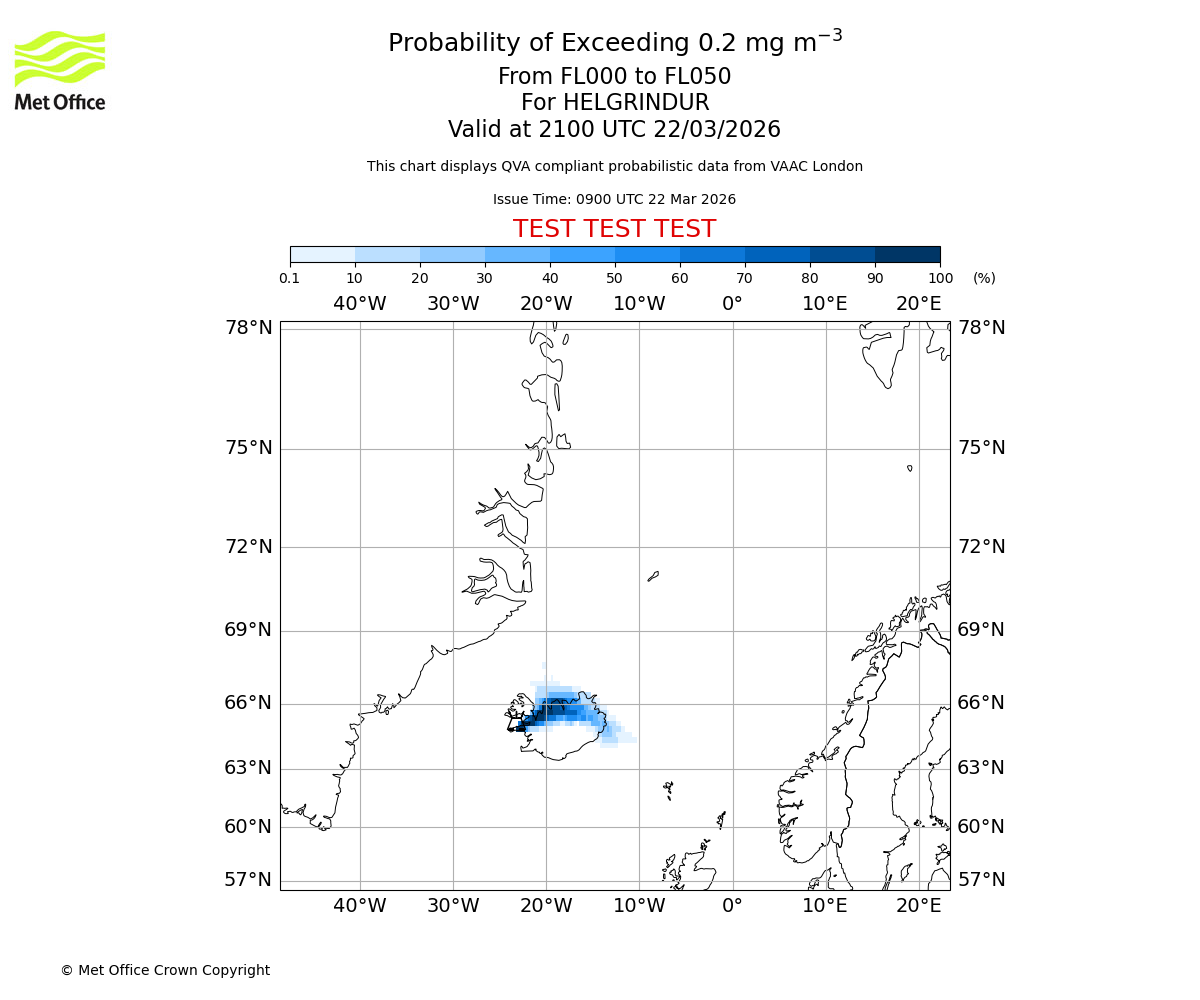 Probability of exceeding 0.2 milligrams per metre cubed. From 000 to 050 for HELGRINDUR. Valid at 2100 UTC 22/03/2026