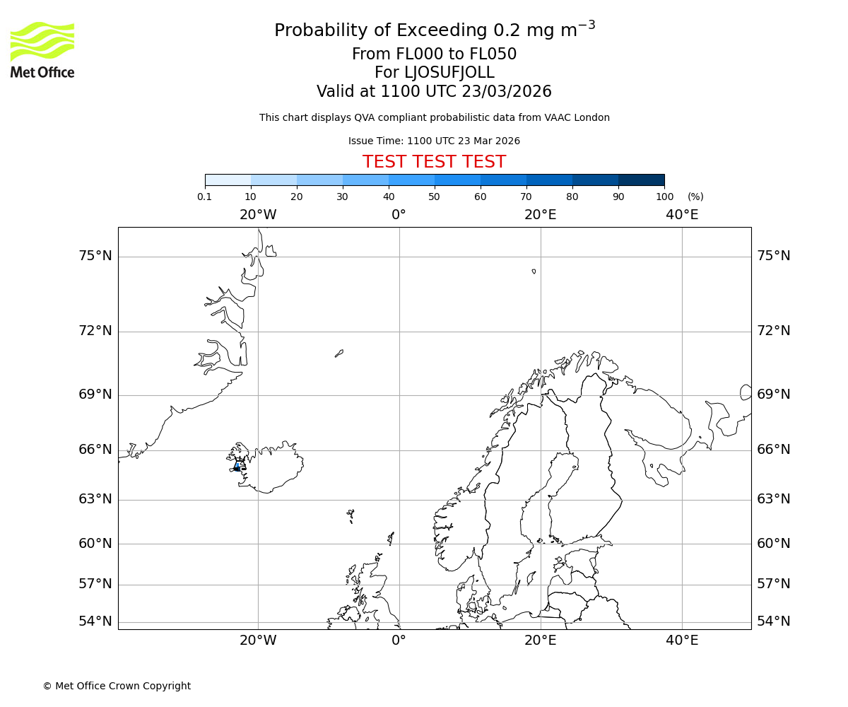 Probability of exceeding 0.2 milligrams per metre cubed. From 000 to 050 for LJOSUFJOLL. Valid at 1100 UTC 23/03/2026