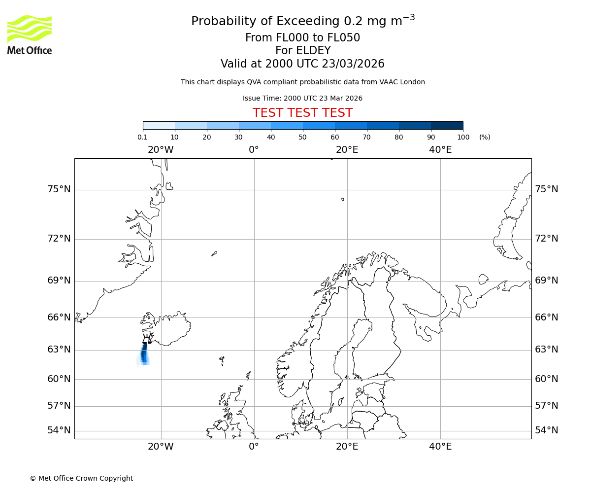 Probability of exceeding 0.2 milligrams per metre cubed. From 000 to 050 for ELDEY. Valid at 2000 UTC 23/03/2026