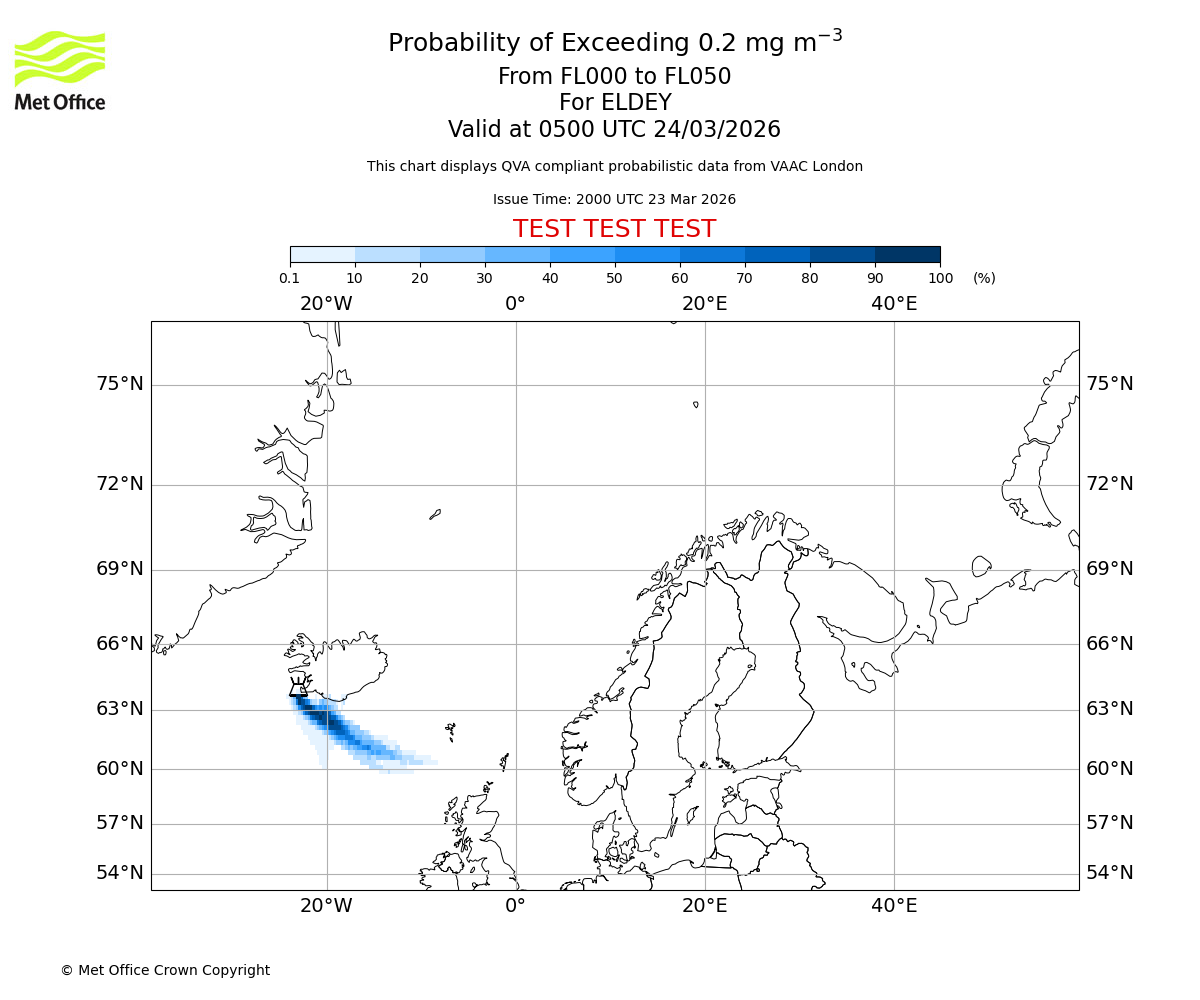Probability of exceeding 0.2 milligrams per metre cubed. From 000 to 050 for ELDEY. Valid at 0500 UTC 24/03/2026