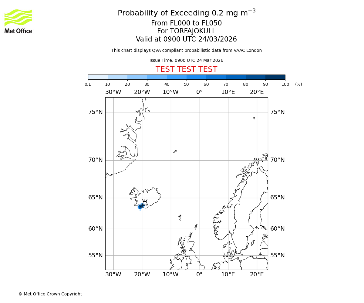 Probability of exceeding 0.2 milligrams per metre cubed. From 000 to 050 for TORFAJOKULL. Valid at 0900 UTC 24/03/2026