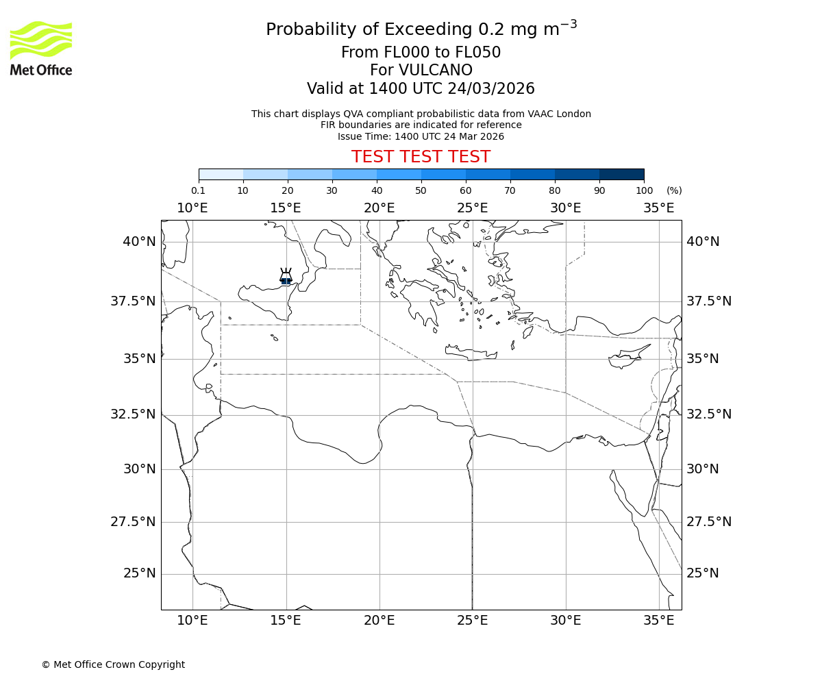 Probability of exceeding 0.2 milligrams per metre cubed. From 000 to 050 for VULCANO. Valid at 1400 UTC 24/03/2026