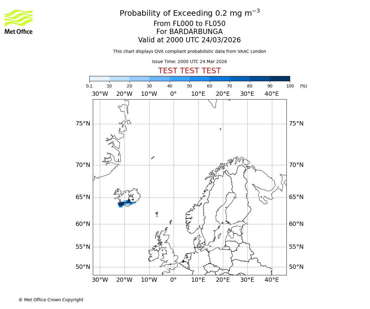Probability of exceeding 0.2 milligrams per metre cubed. From 000 to 050 for BARDARBUNGA. Valid at 2000 UTC 24/03/2026