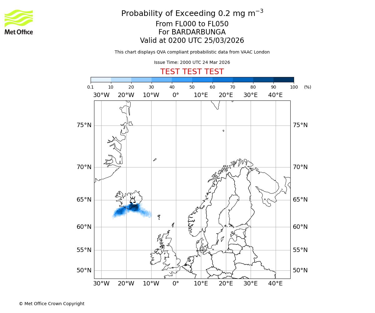 Probability of exceeding 0.2 milligrams per metre cubed. From 000 to 050 for BARDARBUNGA. Valid at 0200 UTC 25/03/2026