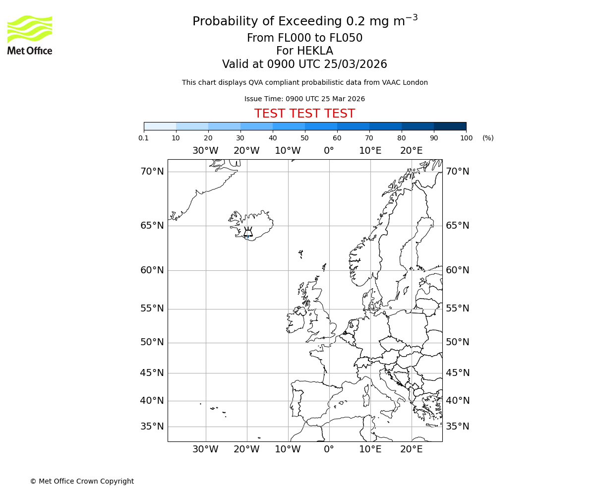 Probability of exceeding 0.2 milligrams per metre cubed. From 000 to 050 for HEKLA. Valid at 0900 UTC 25/03/2026