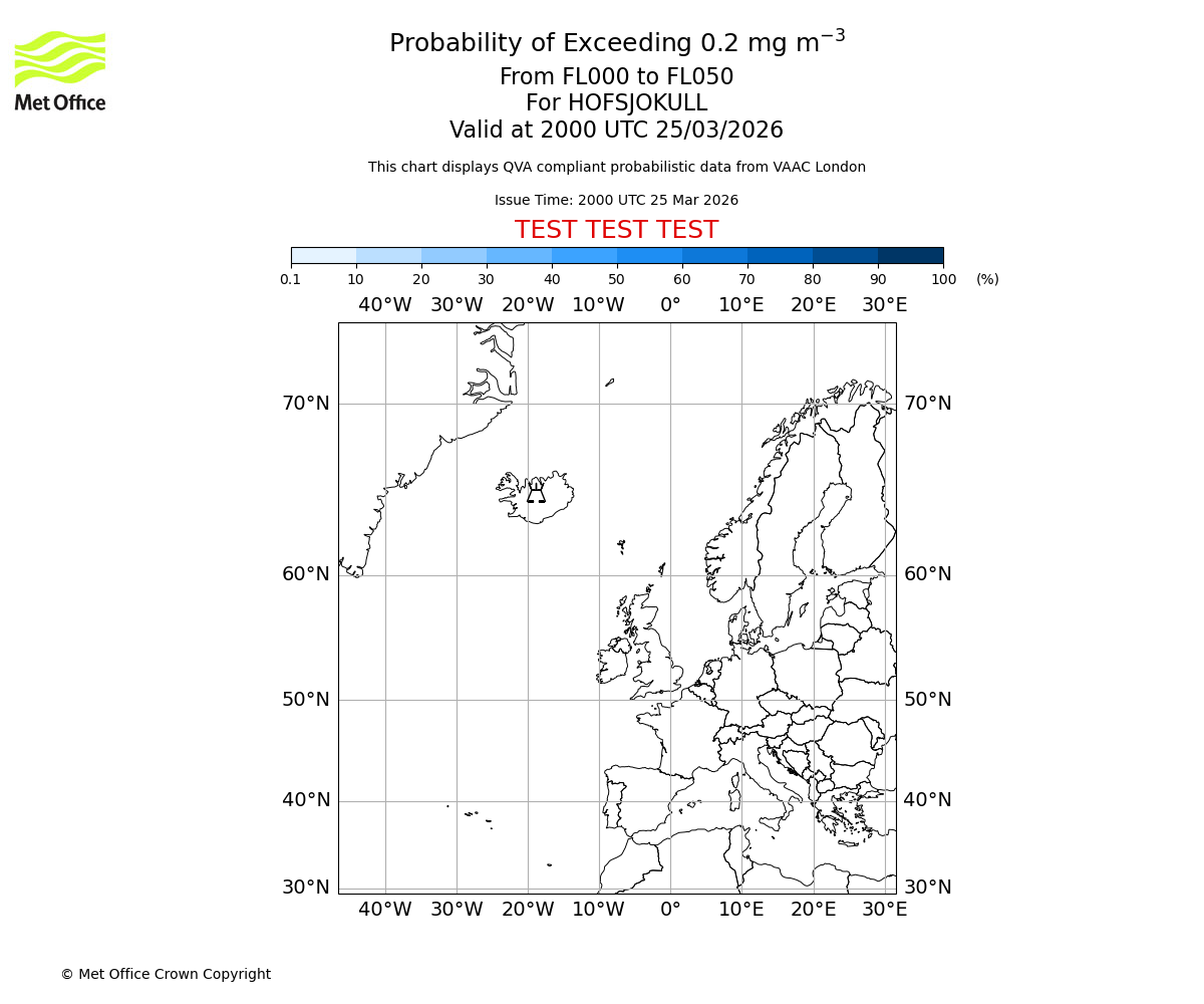 Probability of exceeding 0.2 milligrams per metre cubed. From 000 to 050 for HOFSJOKULL. Valid at 2000 UTC 25/03/2026
