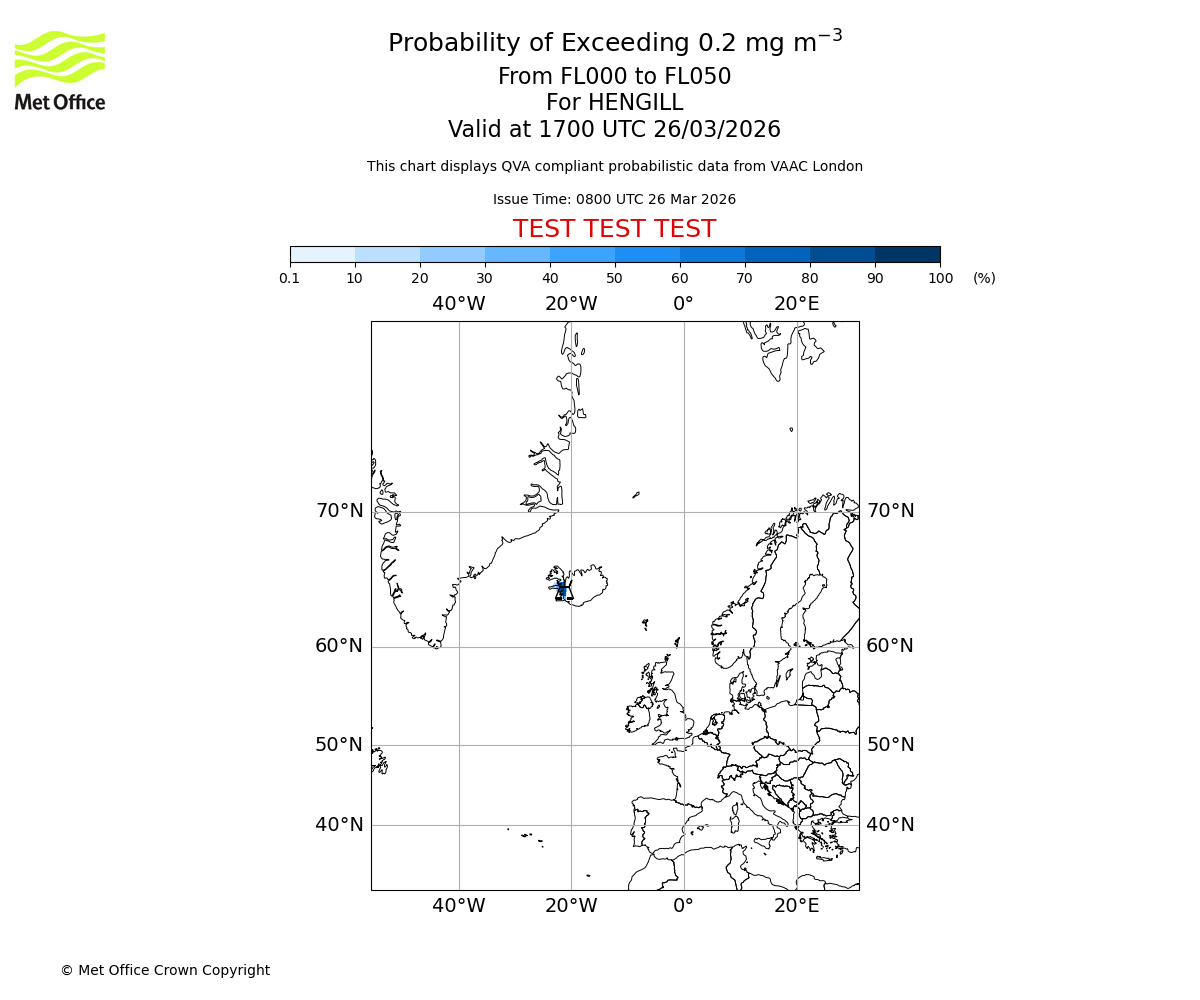 Probability of exceeding 0.2 milligrams per metre cubed. From 000 to 050 for HENGILL. Valid at 1700 UTC 26/03/2026