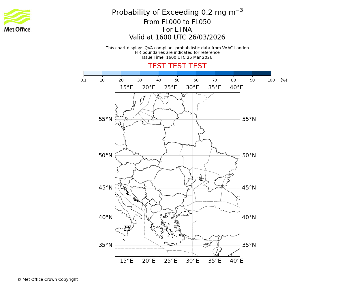 Probability of exceeding 0.2 milligrams per metre cubed. From 000 to 050 for ETNA. Valid at 1600 UTC 26/03/2026