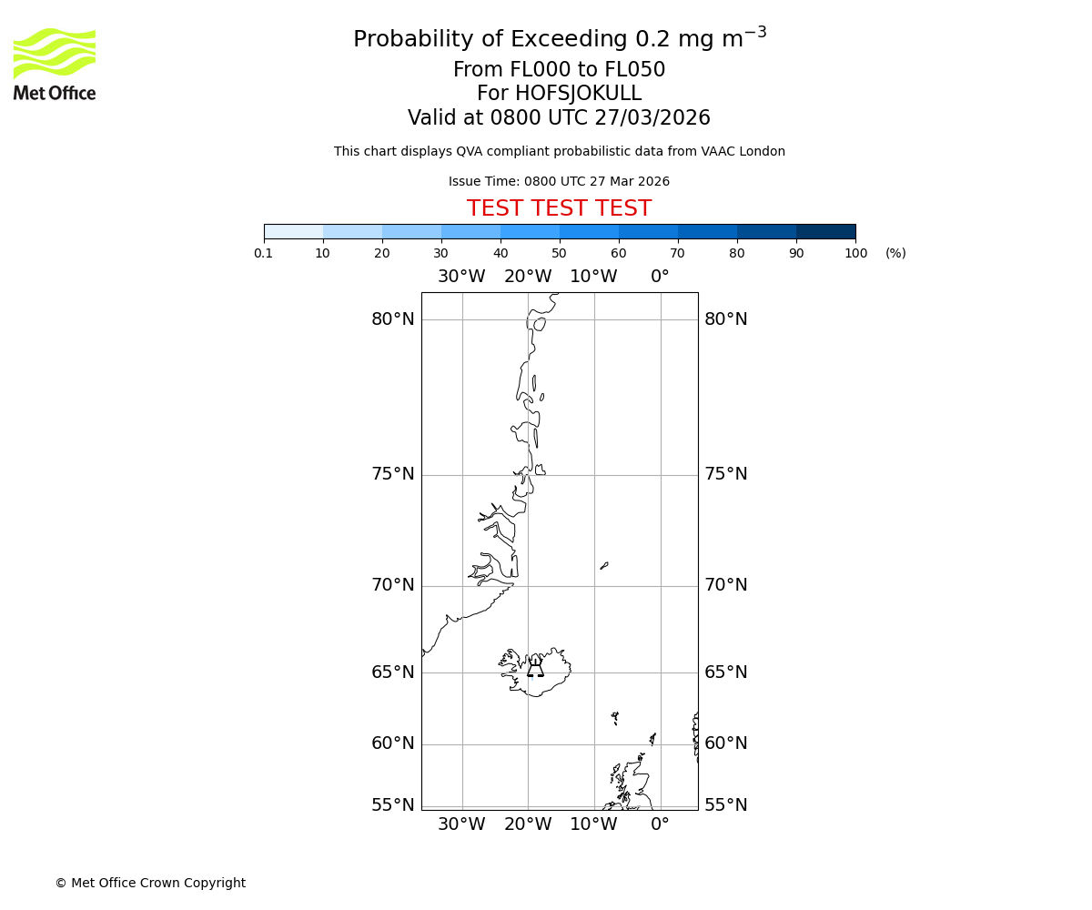 Probability of exceeding 0.2 milligrams per metre cubed. From 000 to 050 for HOFSJOKULL. Valid at 0800 UTC 27/03/2026