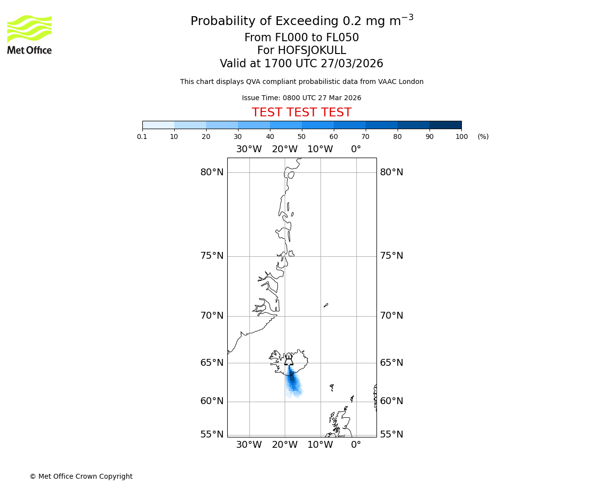 Probability of exceeding 0.2 milligrams per metre cubed. From 000 to 050 for HOFSJOKULL. Valid at 1700 UTC 27/03/2026