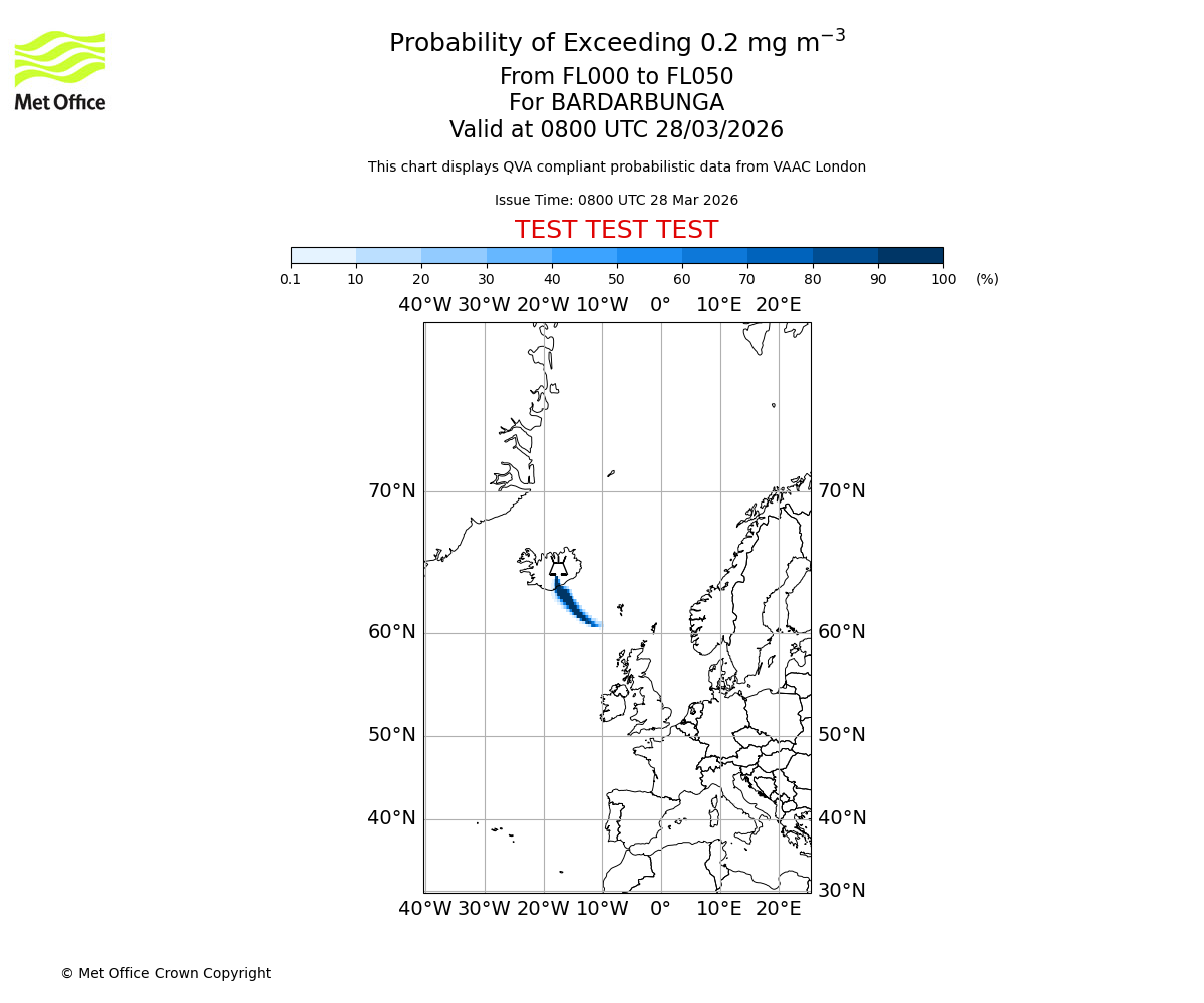 Probability of exceeding 0.2 milligrams per metre cubed. From 000 to 050 for BARDARBUNGA. Valid at 0800 UTC 28/03/2026
