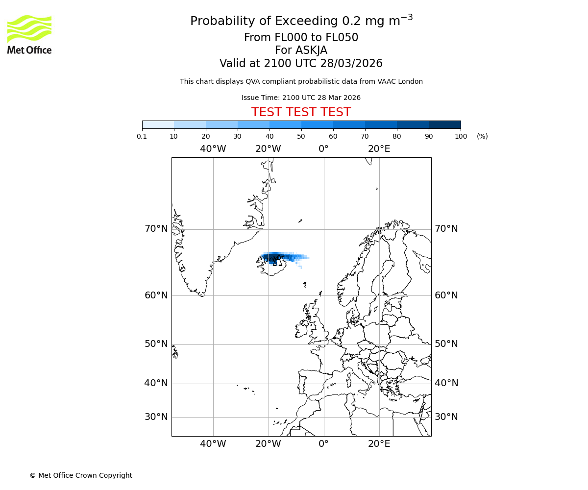 Probability of exceeding 0.2 milligrams per metre cubed. From 000 to 050 for ASKJA. Valid at 2100 UTC 28/03/2026