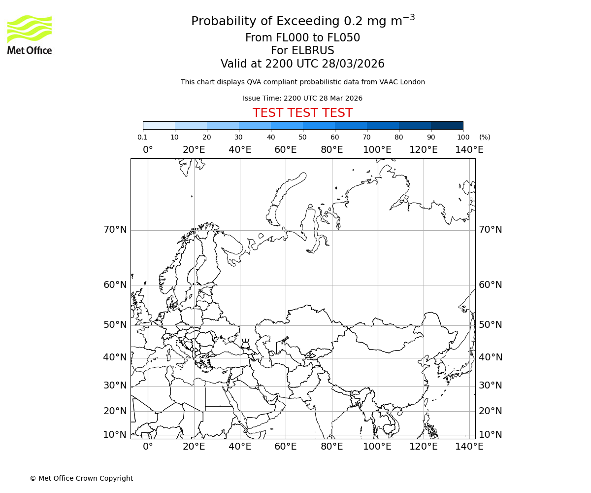 Probability of exceeding 0.2 milligrams per metre cubed. From 000 to 050 for ELBRUS. Valid at 2200 UTC 28/03/2026