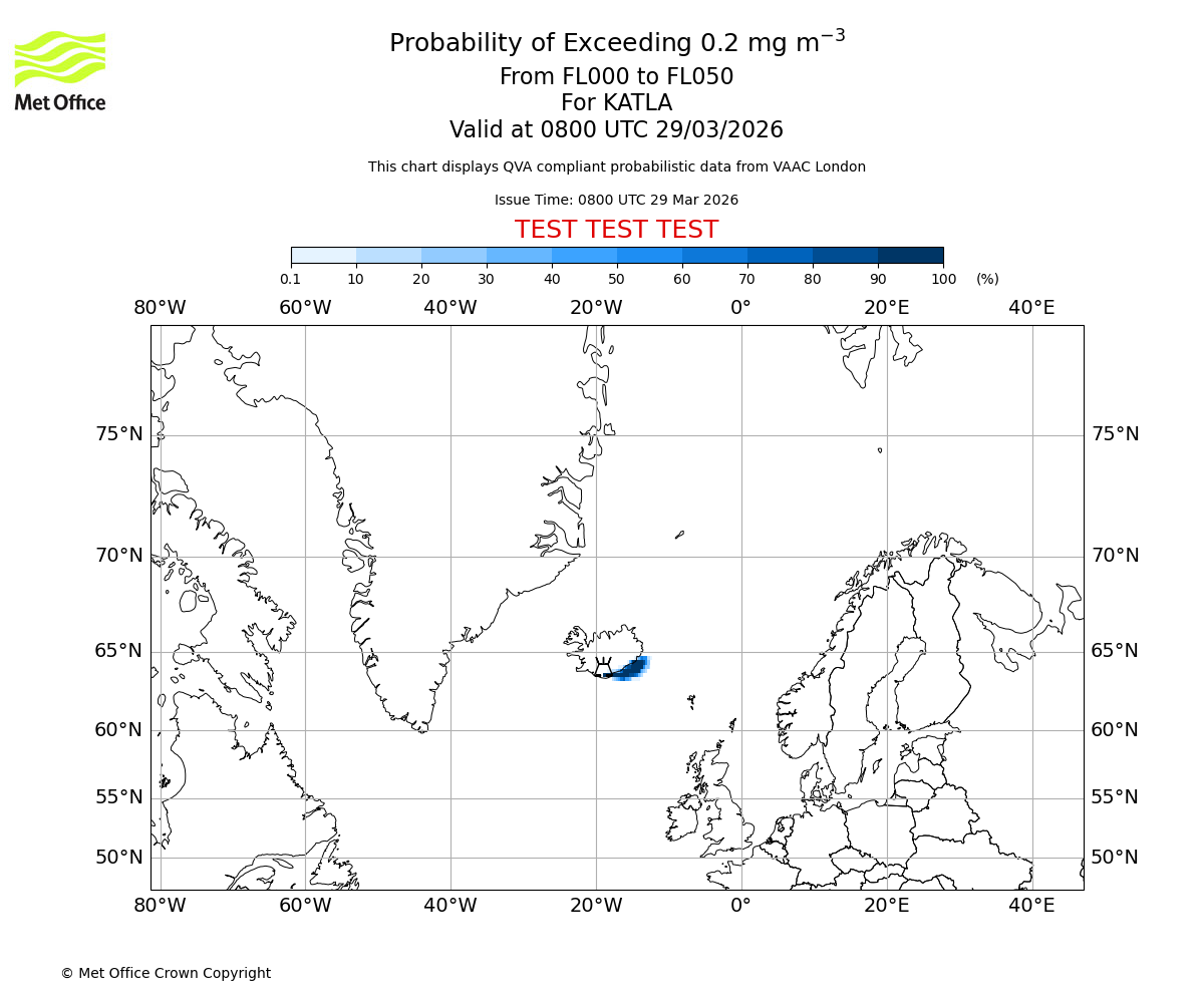 Probability of exceeding 0.2 milligrams per metre cubed. From 000 to 050 for KATLA. Valid at 0800 UTC 29/03/2026