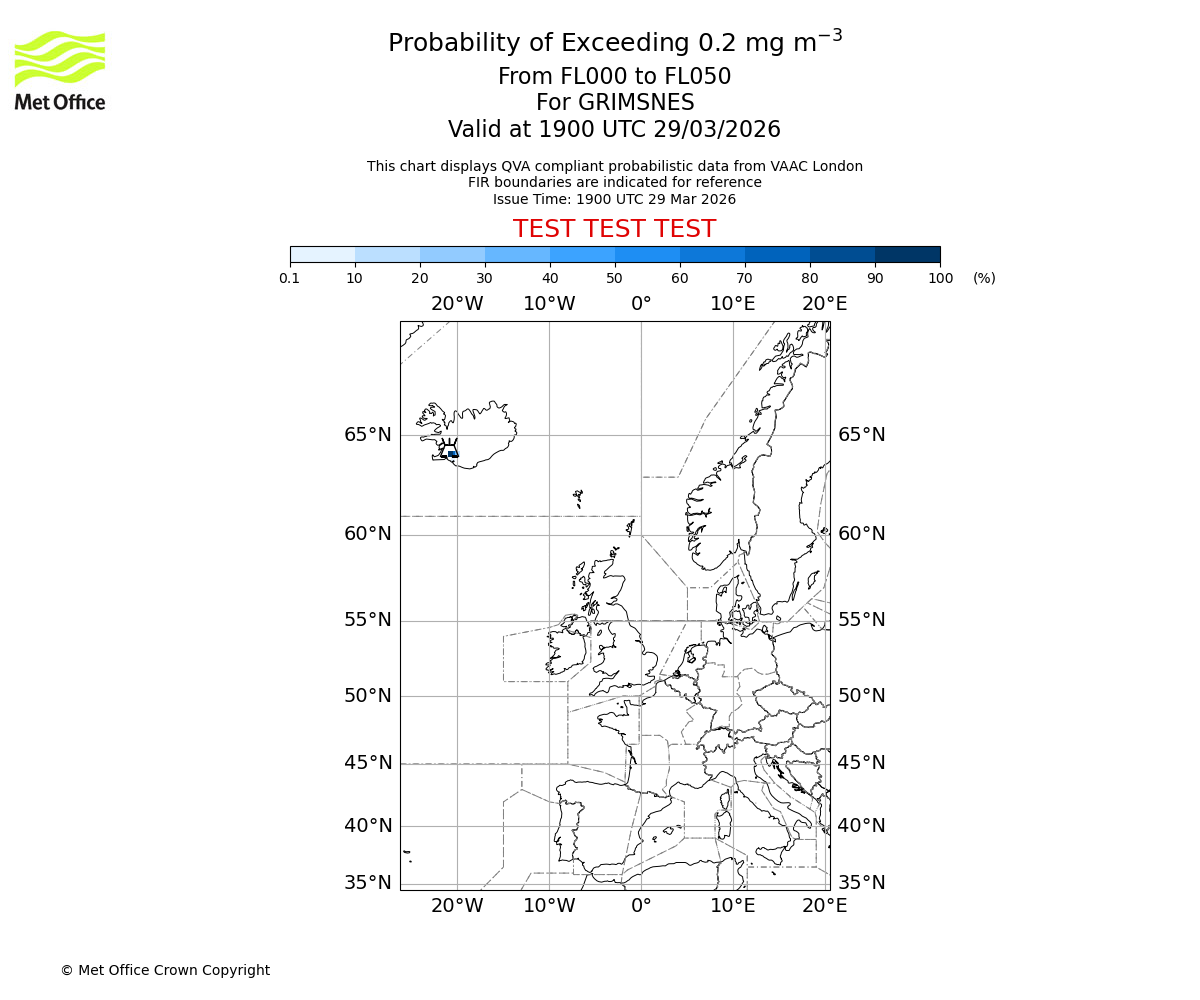 Probability of exceeding 0.2 milligrams per metre cubed. From 000 to 050 for GRIMSNES. Valid at 1900 UTC 29/03/2026