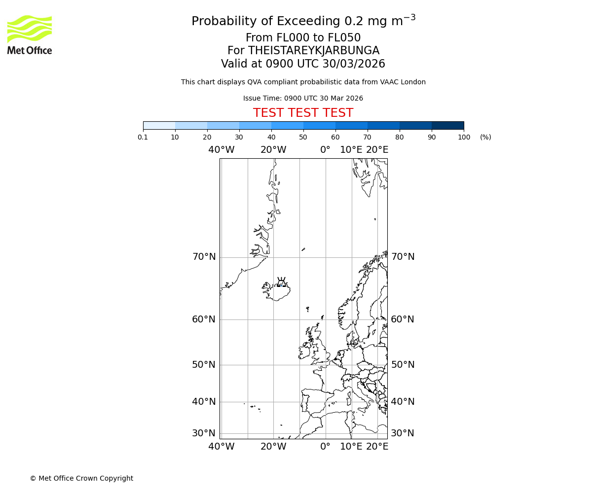 Probability of exceeding 0.2 milligrams per metre cubed. From 000 to 050 for THEISTAREYKJARBUNGA. Valid at 0900 UTC 30/03/2026