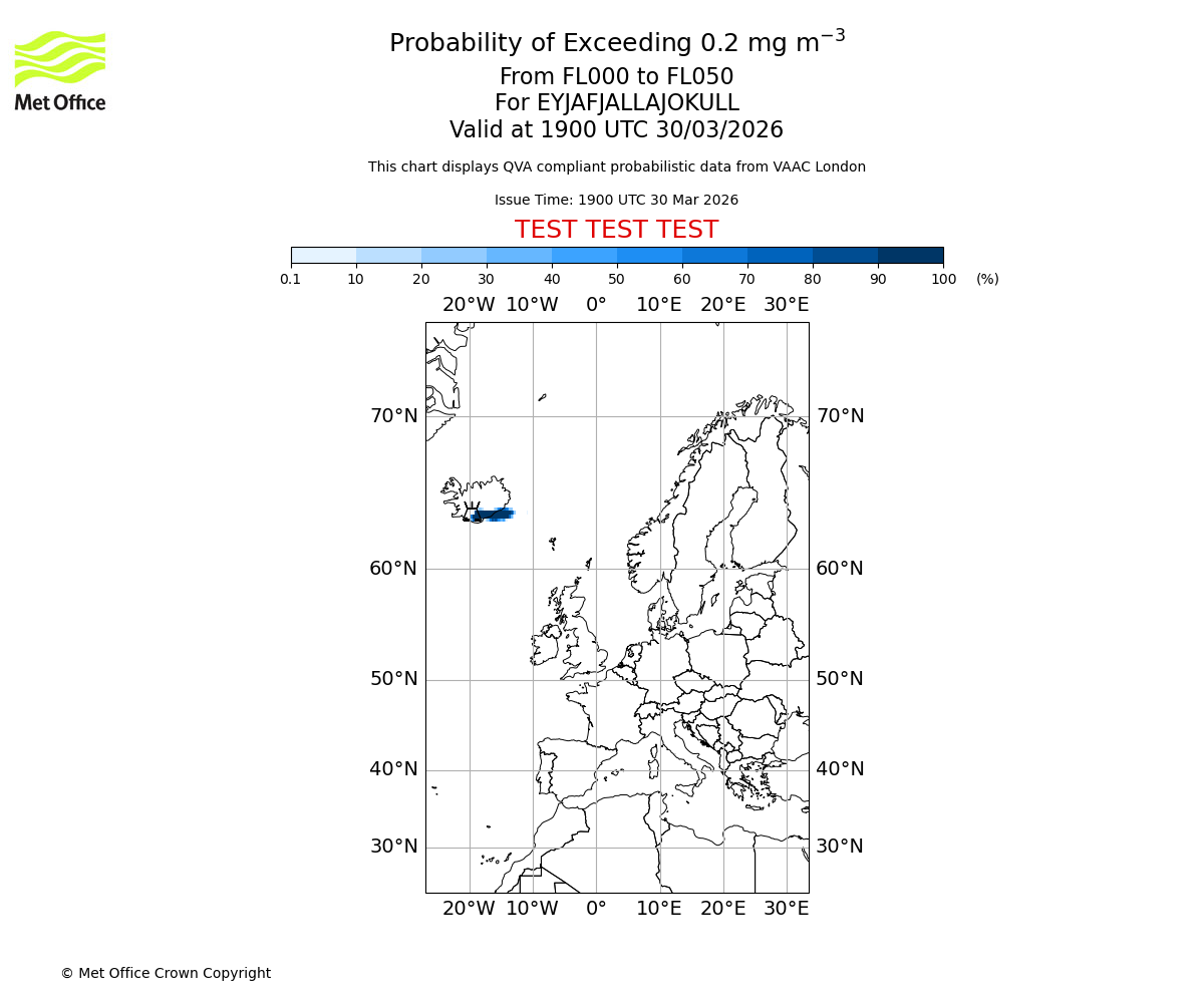 Probability of exceeding 0.2 milligrams per metre cubed. From 000 to 050 for EYJAFJALLAJOKULL. Valid at 1900 UTC 30/03/2026