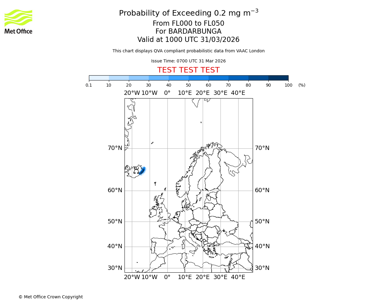 Probability of exceeding 0.2 milligrams per metre cubed. From 000 to 050 for BARDARBUNGA. Valid at 1000 UTC 31/03/2026