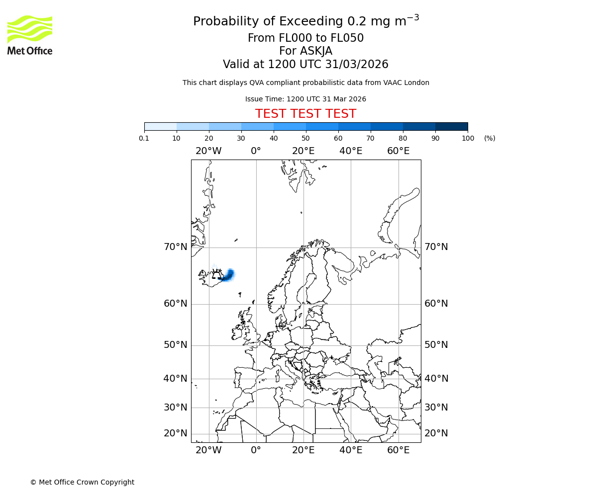 Probability of exceeding 0.2 milligrams per metre cubed. From 000 to 050 for ASKJA. Valid at 1200 UTC 31/03/2026