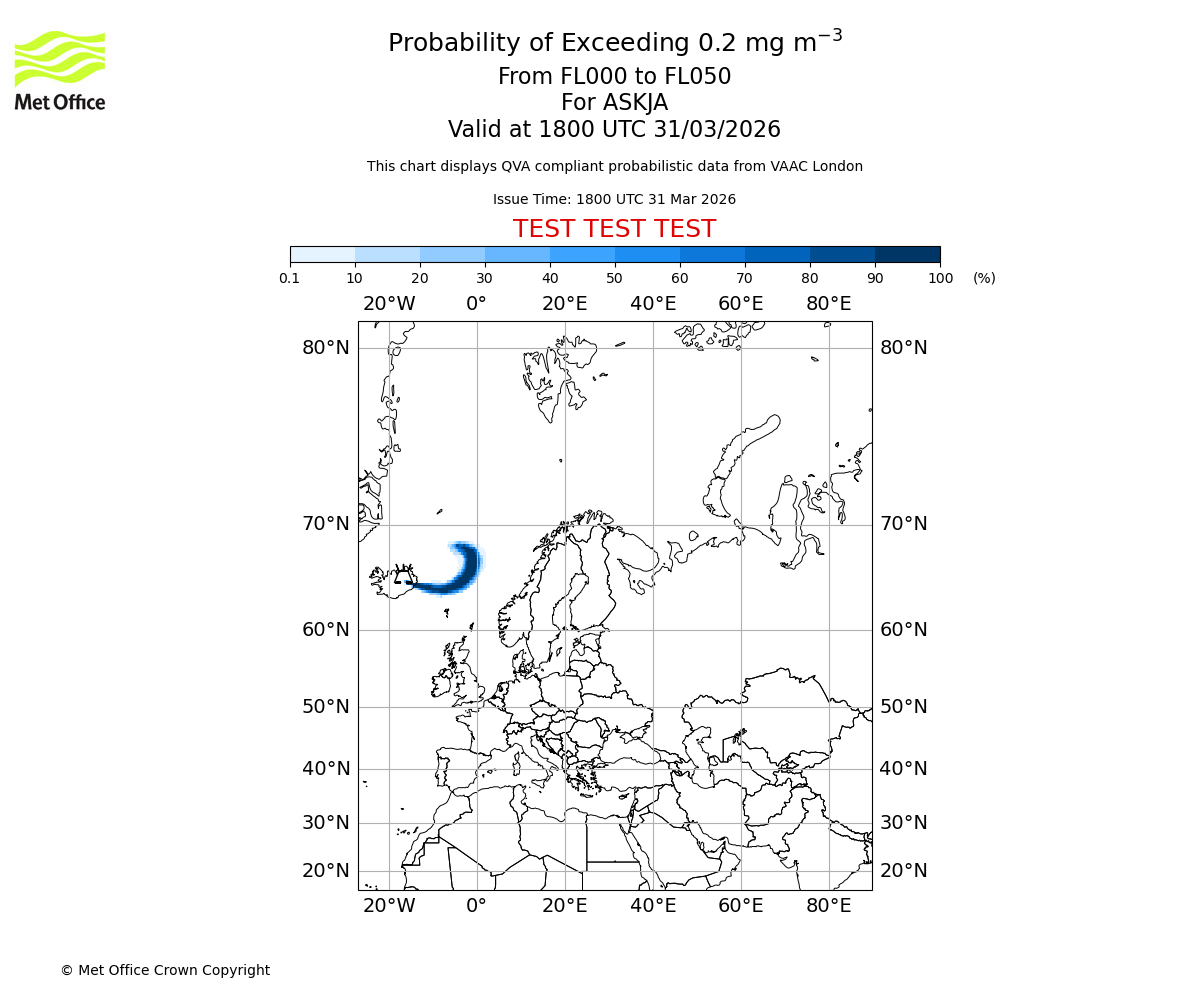 Probability of exceeding 0.2 milligrams per metre cubed. From 000 to 050 for ASKJA. Valid at 1800 UTC 31/03/2026