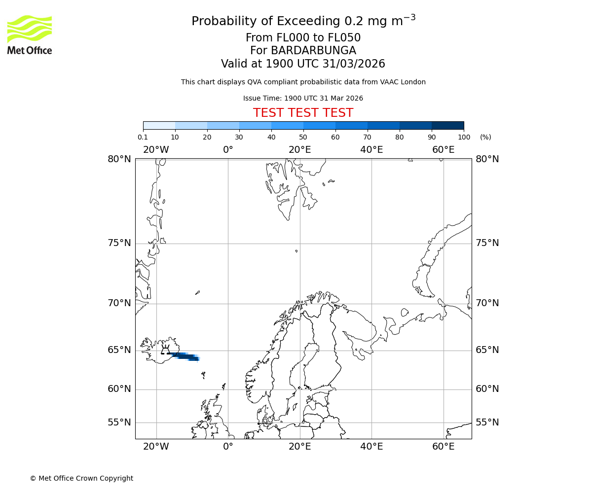 Probability of exceeding 0.2 milligrams per metre cubed. From 000 to 050 for BARDARBUNGA. Valid at 1900 UTC 31/03/2026