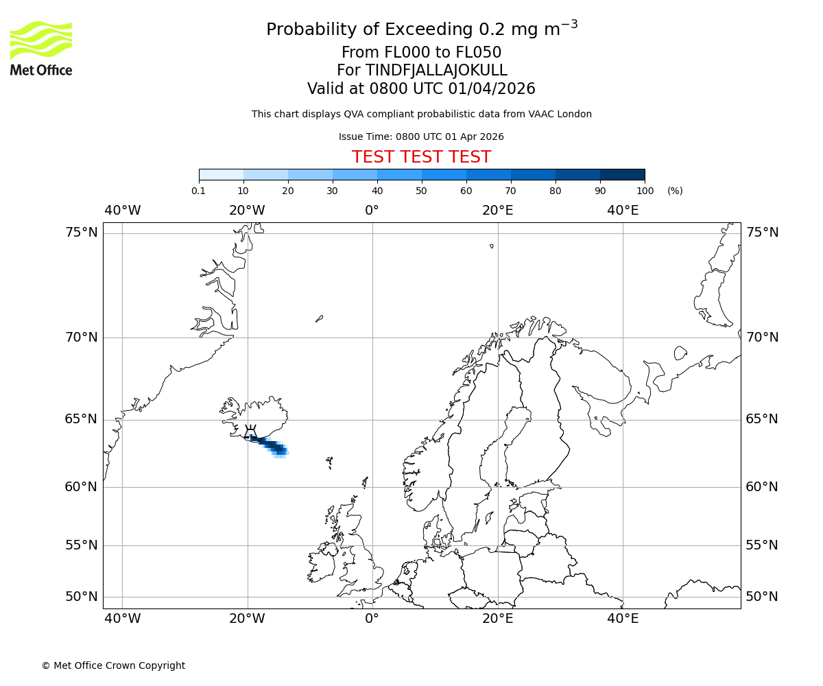 Probability of exceeding 0.2 milligrams per metre cubed. From 000 to 050 for TINDFJALLAJOKULL. Valid at 0800 UTC 01/04/2026
