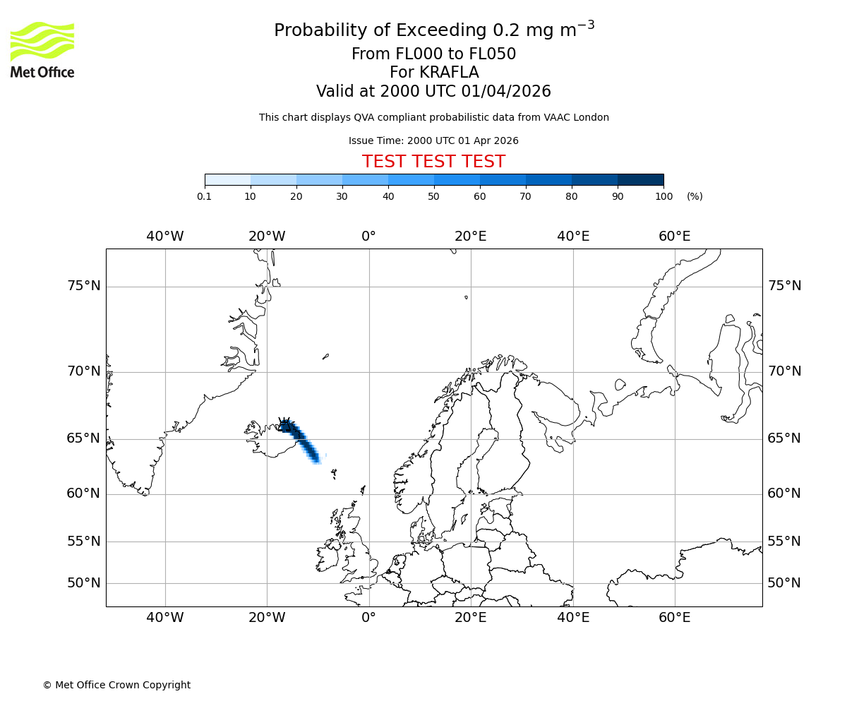 Probability of exceeding 0.2 milligrams per metre cubed. From 000 to 050 for KRAFLA. Valid at 2000 UTC 01/04/2026