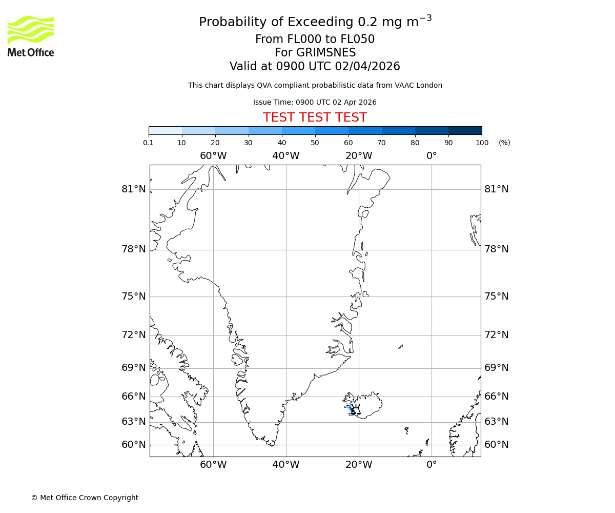 Probability of exceeding 0.2 milligrams per metre cubed. From 000 to 050 for GRIMSNES. Valid at 0900 UTC 02/04/2026