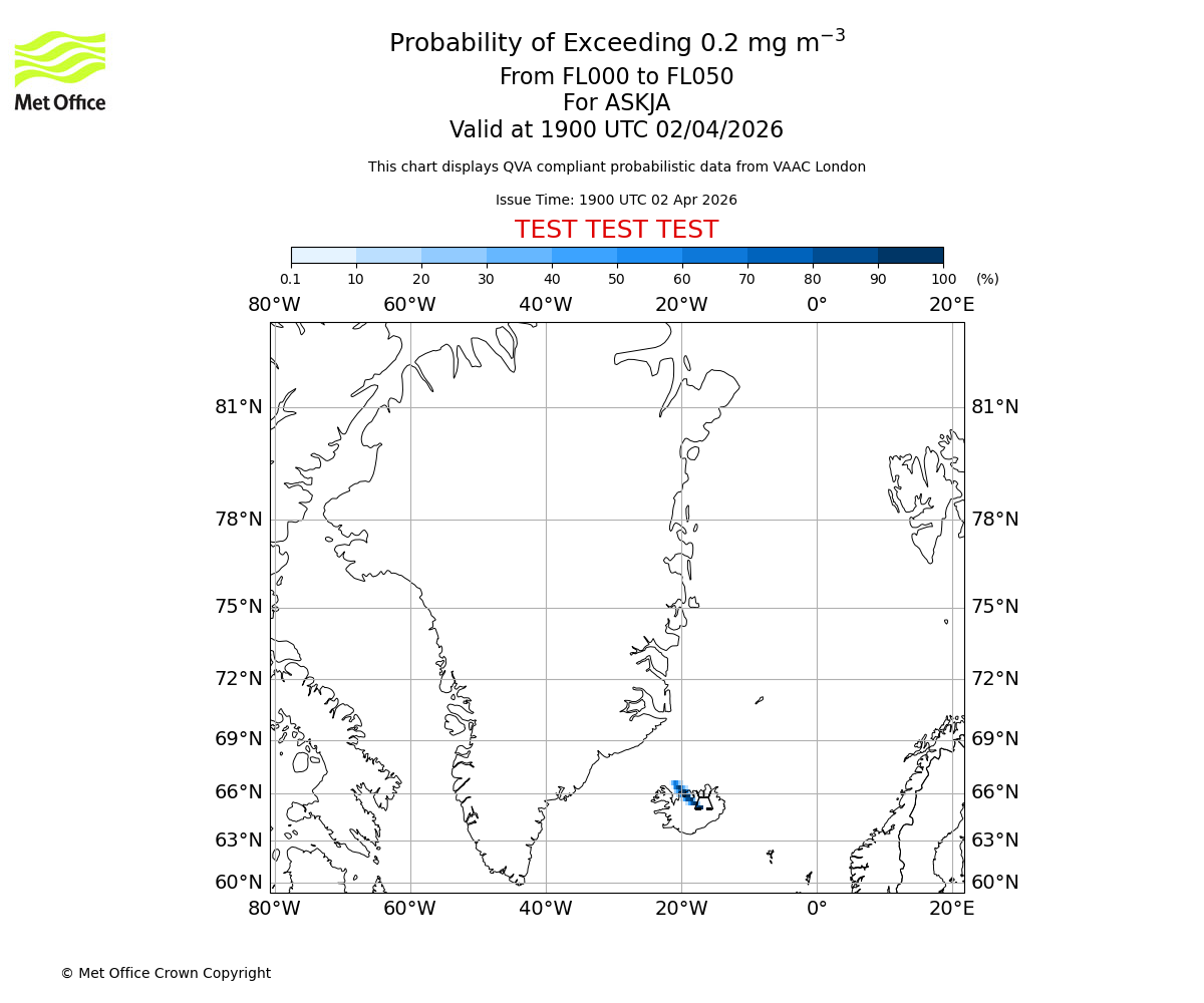 Probability of exceeding 0.2 milligrams per metre cubed. From 000 to 050 for ASKJA. Valid at 1900 UTC 02/04/2026