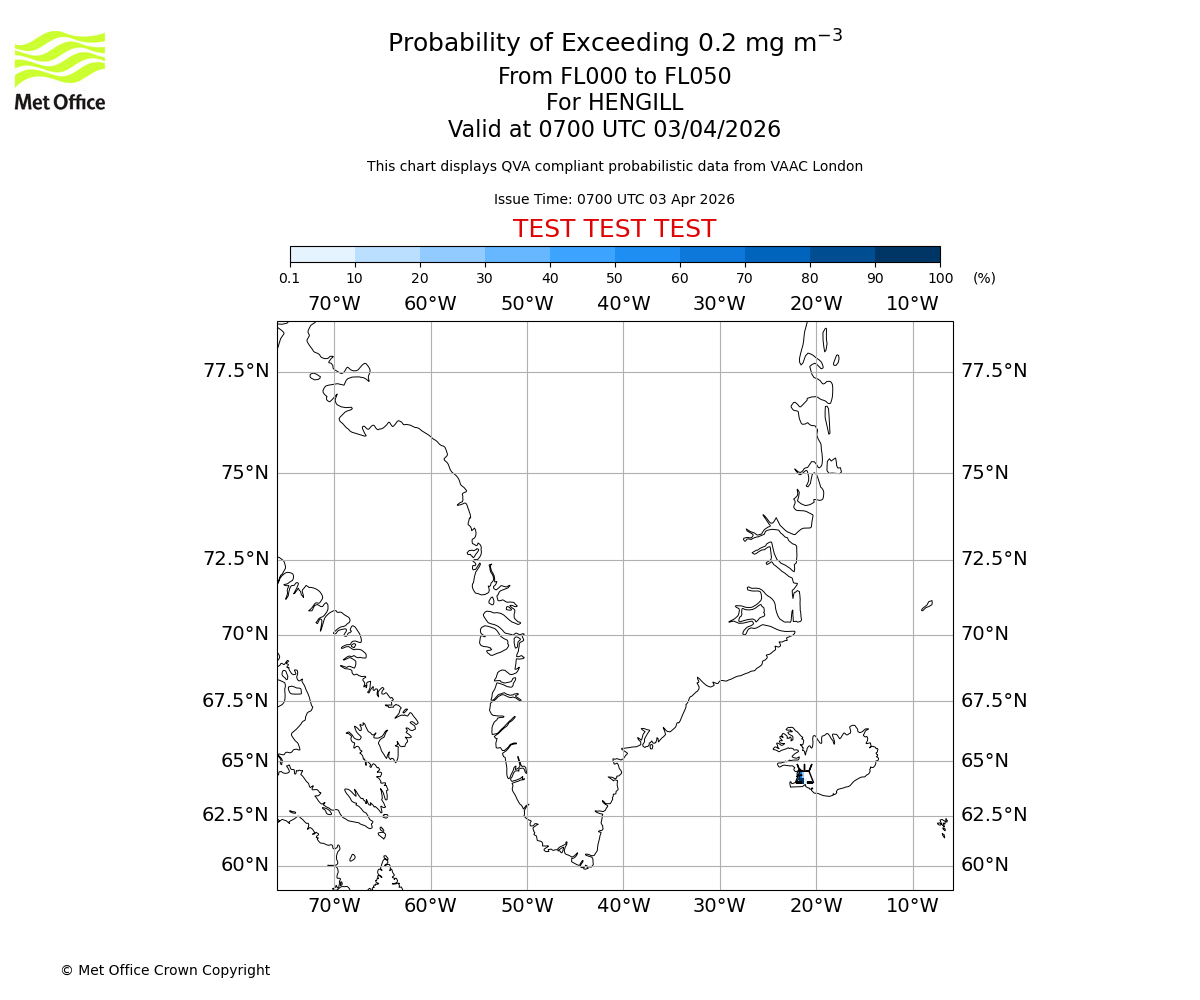 Probability of exceeding 0.2 milligrams per metre cubed. From 000 to 050 for HENGILL. Valid at 0700 UTC 03/04/2026