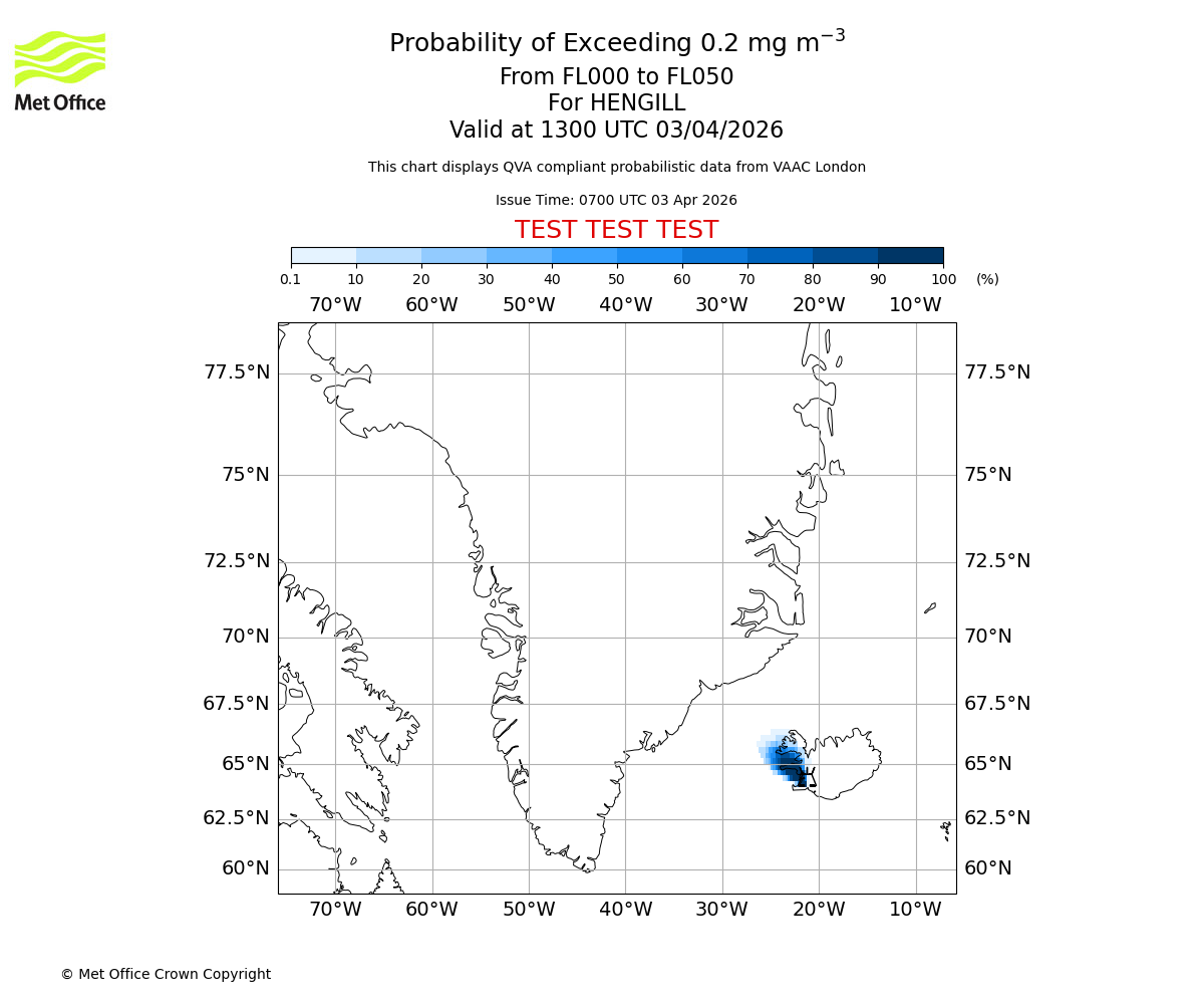 Probability of exceeding 0.2 milligrams per metre cubed. From 000 to 050 for HENGILL. Valid at 1300 UTC 03/04/2026