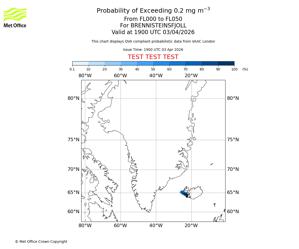 Probability of exceeding 0.2 milligrams per metre cubed. From 000 to 050 for BRENNISTEINSFJOLL. Valid at 1900 UTC 03/04/2026