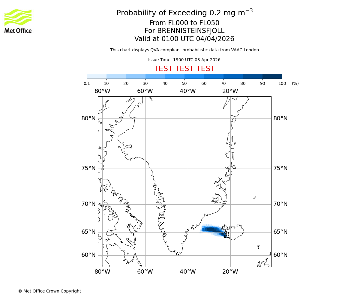 Probability of exceeding 0.2 milligrams per metre cubed. From 000 to 050 for BRENNISTEINSFJOLL. Valid at 0100 UTC 04/04/2026