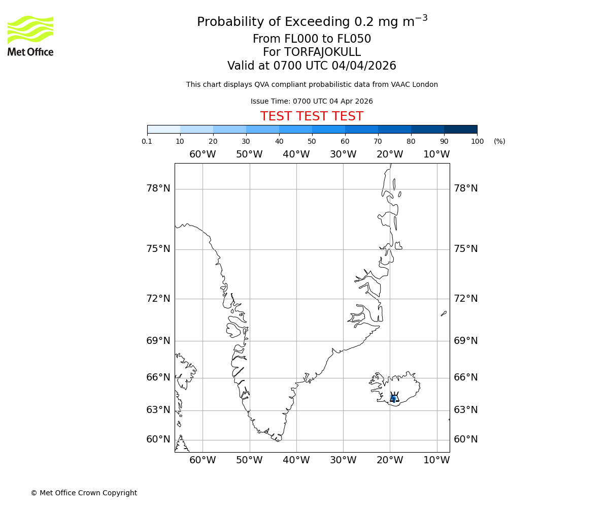 Probability of exceeding 0.2 milligrams per metre cubed. From 000 to 050 for TORFAJOKULL. Valid at 0700 UTC 04/04/2026
